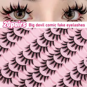 20 Pairs Big Devil Comic False Lashes, Ultra Large Clustered Sharp Japanese Anime Style, Soft Lightweight Synthetic Fiber, Comfortable Strip, Dramatic Eye Makeup