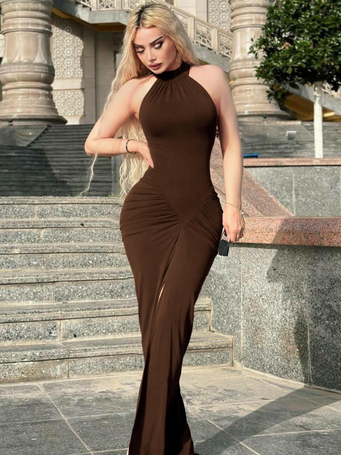 Women's Solid Ruched Halter Neck Bodycon Dress, Elegant Fashion Sleeveless Split Hem Dress for Party Club Dating Wear, Women Dress for Summer, Bodycon Side Slit