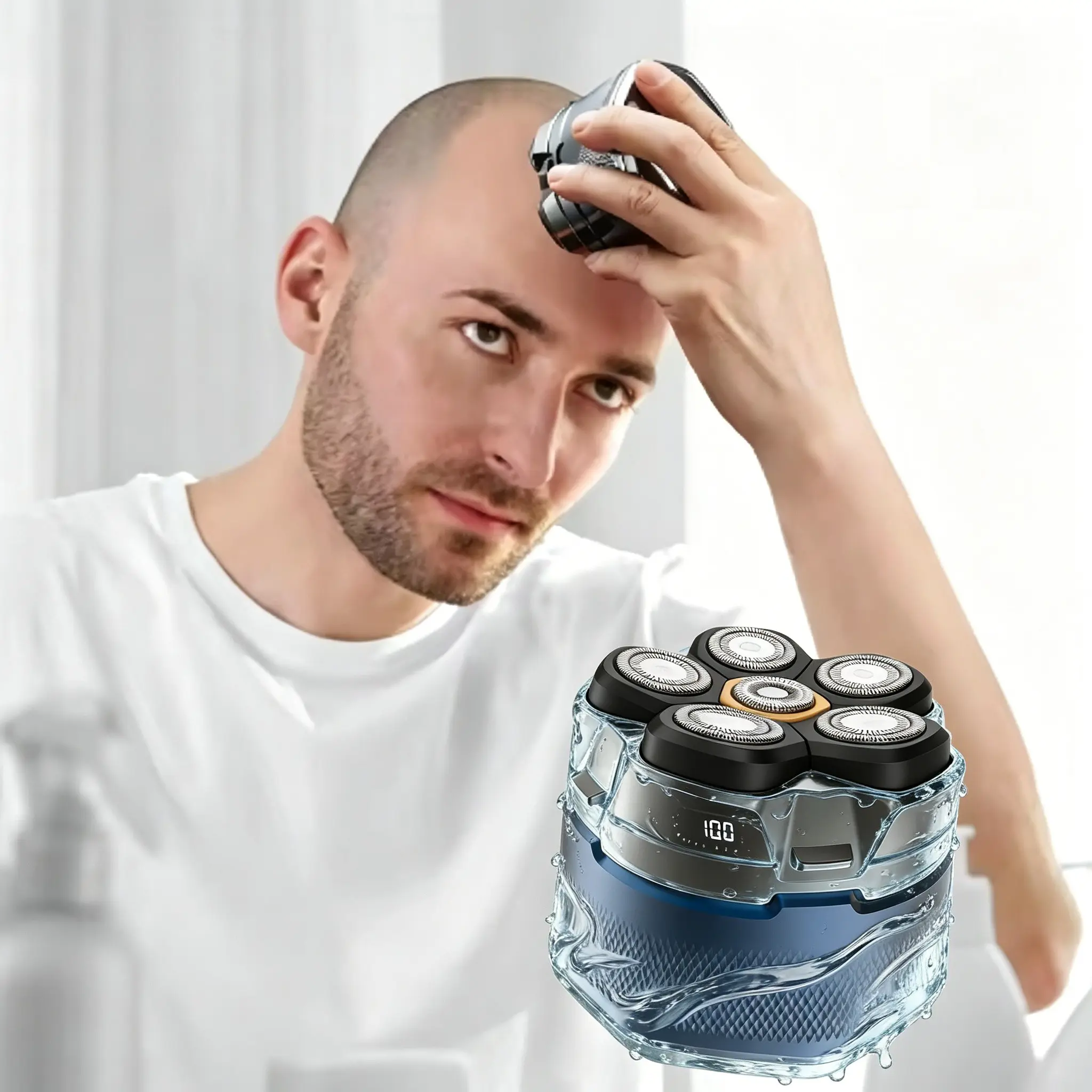 Waterproof Electric Razor for Bald Men, Bald Head Shaver, Six-Blade Floating Shaver with LED Display, USB Rechargeable Cordless Waterproof Shaver, Hair Trimmer for Men, Rotary Shavers