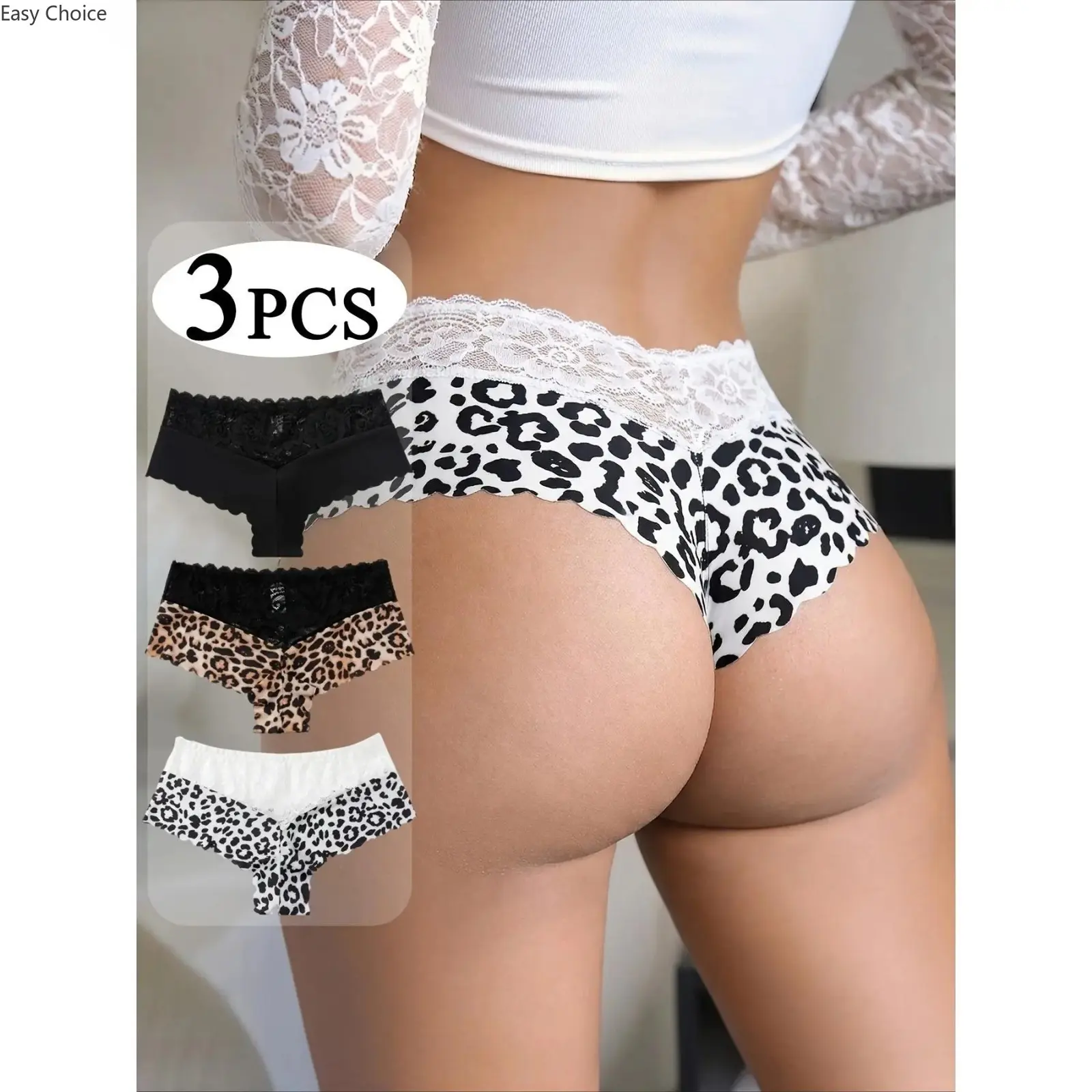 Women’s Chic Leopard Print Lace Lingerie Matching Set, 3-Pack Seamless No-Show Stretch Bikini Briefs, Soft Breathable Polyester Resin Underwear, Multi-Size Daily Intimate Apparel in Black, White Leopard & Yellow Leopard, Romantic Honeymoon Gifting Essenti