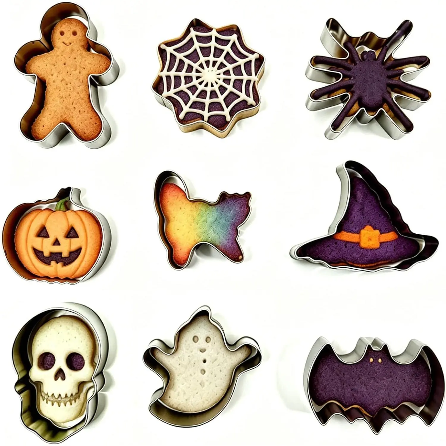 Rustproof Stainless Steel Halloween Cookie Cutters Set (9-Count) - Pumpkin, Bat, Black Hat, Skull & Spider Web Molds for Holiday Baking & Party Fondant, Smooth, Bakeware