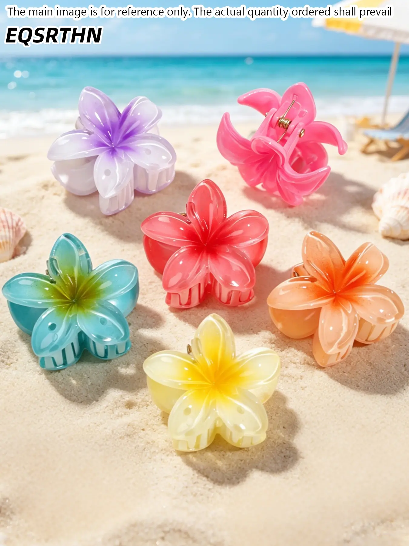 6 Pack Gradient Jelly Glossy Plumeria Flower Hair Claw Clips, Transparent Ombre Tropical Floral Big Shark Jaw Hair Clamps with Flexible Spring Lock Structure, Vibrant Multicolor Shimmer Hawaii Style Tropical Hair Accessories for Medium to Thick Hair