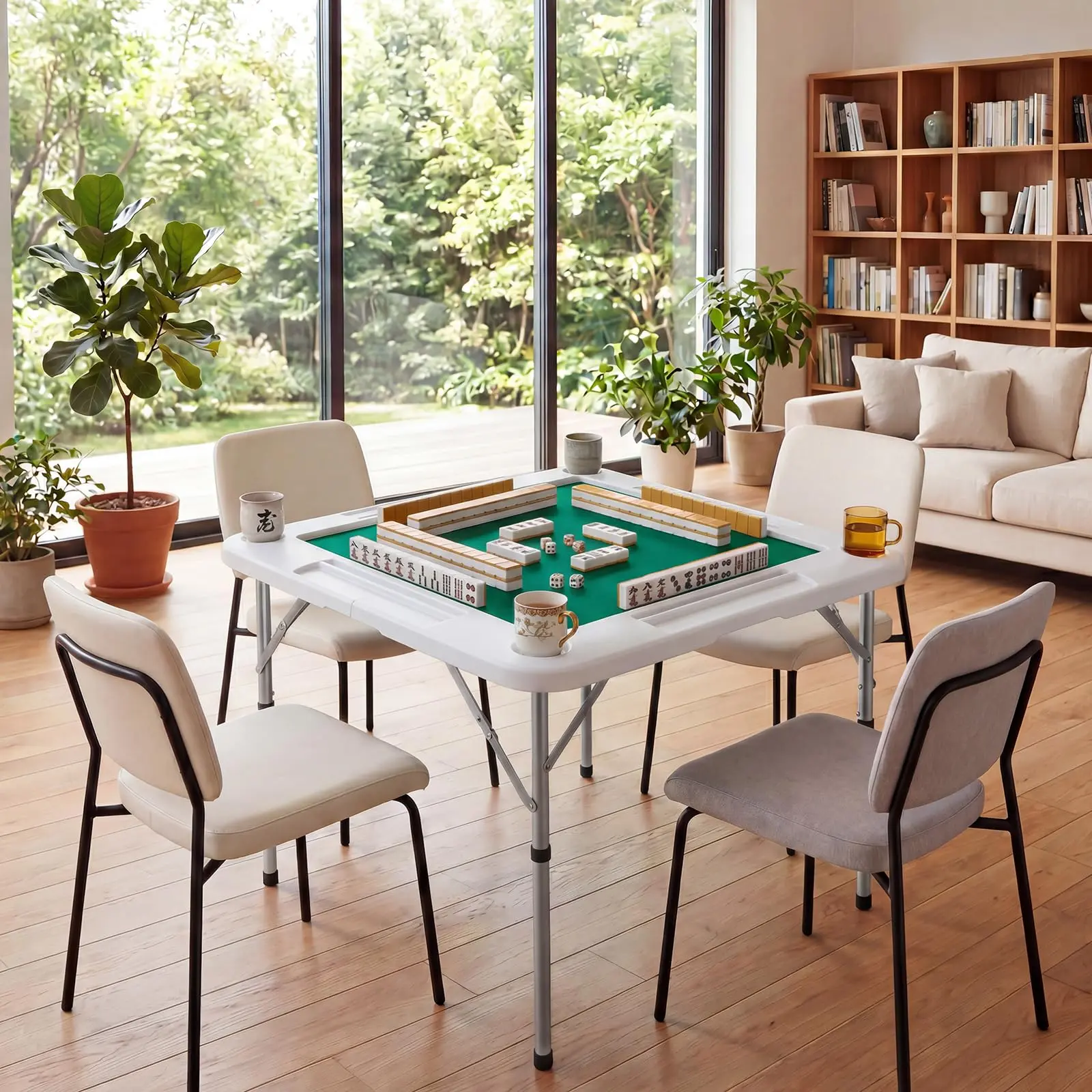 34 in Folding Mahjong & Card Game Table, Square HDPE Top with Felt - 4 Cup Holders - Portable Game Night Table, HM-F86 White