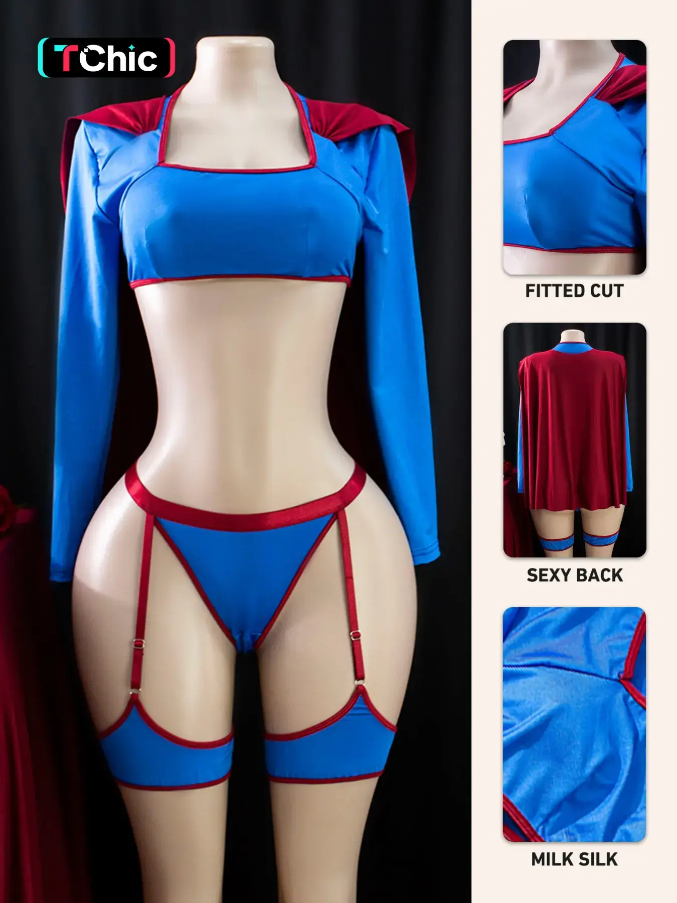 Women's Superman Cosplay Costume Set (long Sleeve Top + Thong Panties + Cape), Silk Fabric, Stretchy, Soft and Comfortable, Perfect for Parties clean girl style cool girl outfits curvy altgirl