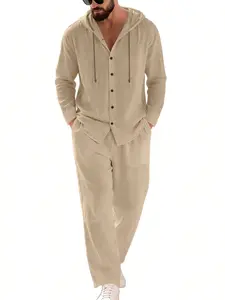 2026 Spring Summer Loose Breathable Linen Hooded Long Sleeve Shirt Beach Cardigan Casual Set, Comfortable and Stylish