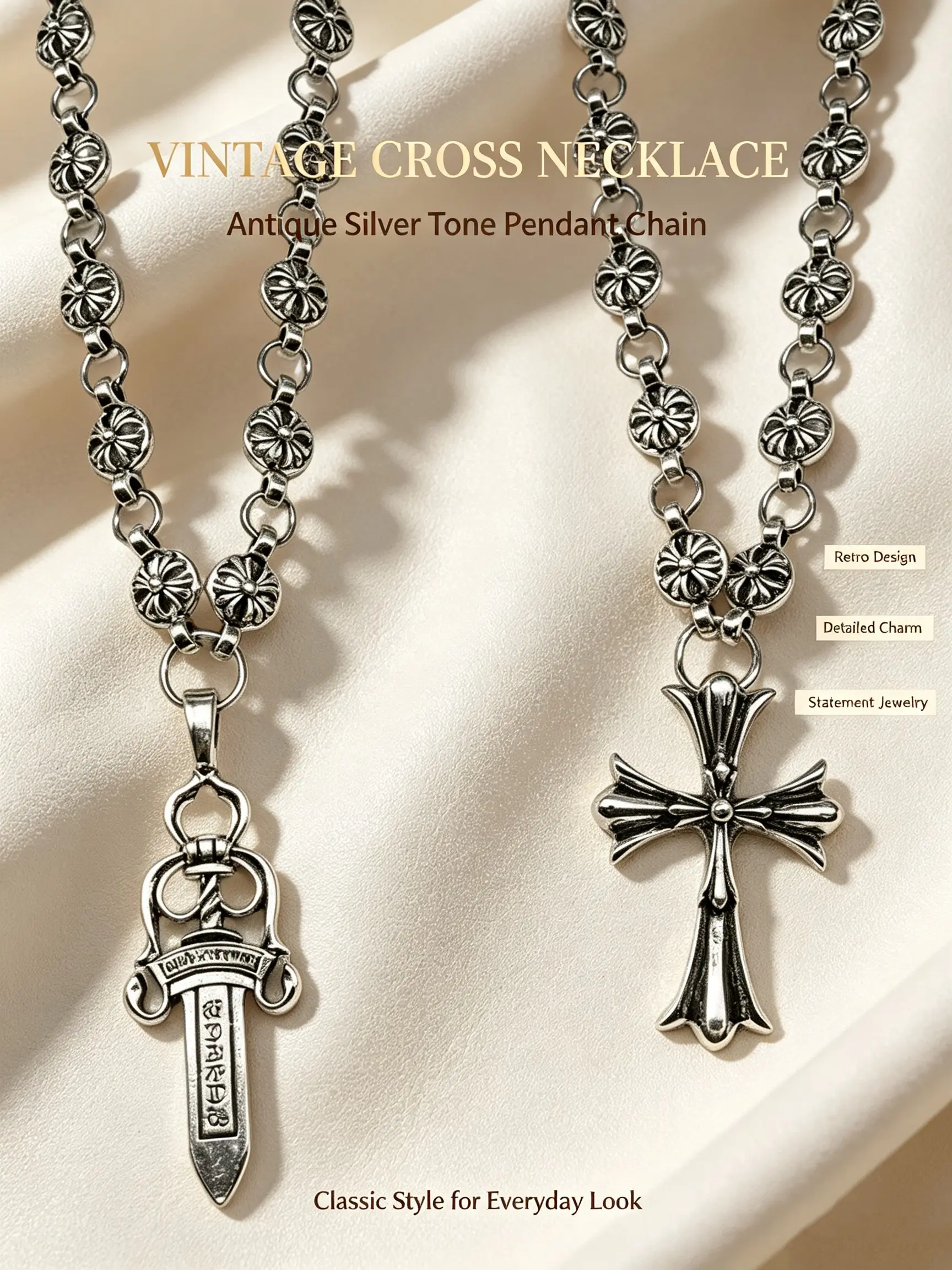 2-Piece Set Retro Unisex Gothic Cross Necklace, Sword Pendant, Hip Hop Style, Ideal Gift for Him & Her, Unique Fashion Accessory