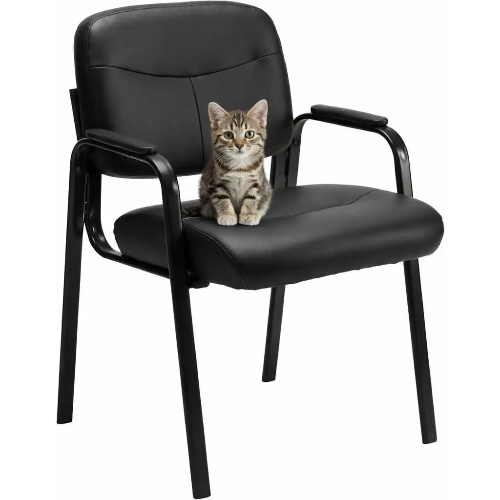 Leather Waiting Room Chair No Wheels, Office Guest Reception Seating with Padded Arms, Stationary Conference Table Chair for Lobby Clinic Home Desk Bedroom, Comfortable Dining Kitchen Armchair, Inky