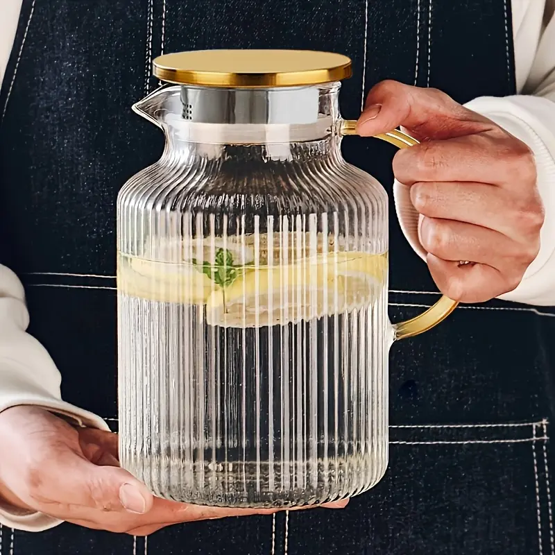 [Glass Pitcher with Lid] 1pc, 68Oz Glass Pitcher with Lid And Handle, 1800Ml Vertical Stripes Tea Pot, Heat-Resistant Borosilicate Glass Carafe for Hot/Cold Water, Glass Water Jugs for Cold Brew Coffee, Iced Tea, Beverages, Drinkware, Clear