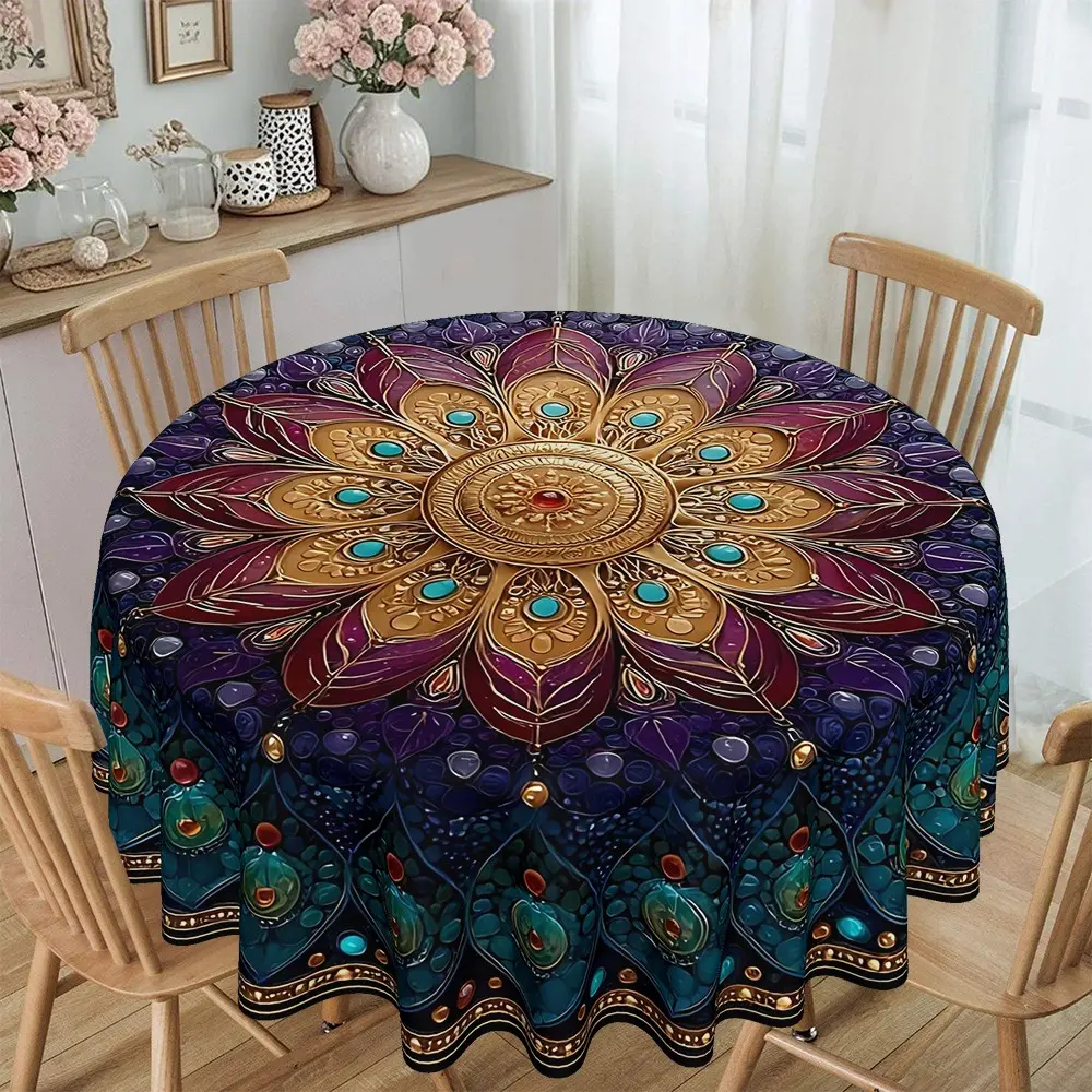 Luxurious Round Tablecloth, Artistic Print, Polyester, 120g/m², Kitchen Dining Decor, Party Decoration, Hotel Restaurant Home Use