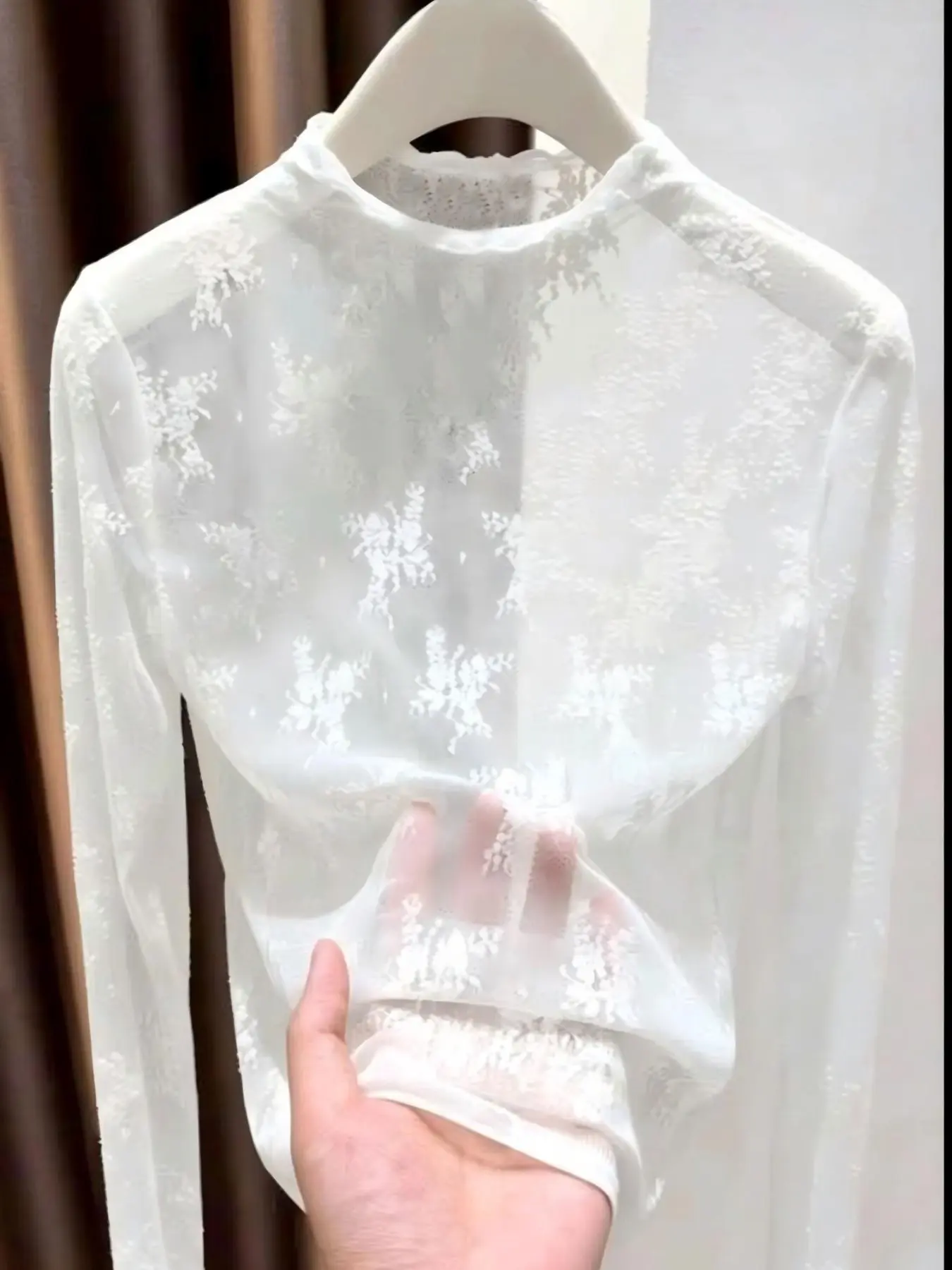 Women's Lace Long Sleeve Top, Boho Sleeve Top, Lady, Half High Neck Design, Elegant Mesh Fabric, Perfect Inner Layer for Fall & Winter, Blouse, Boho Floral Blouse, Boho Style, Womenswear