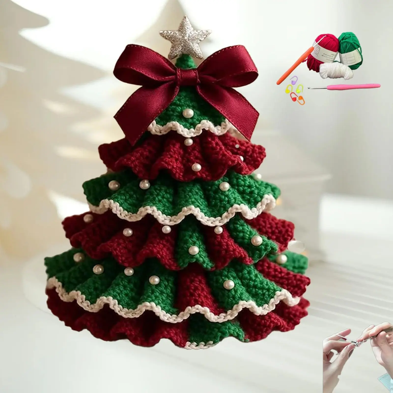 DIY Crochet Christmas Tree Kit,Handmade Crochet Christmas Tree,Tree Bow Pearl Embellishment,Beginner Christmas Crochet Kit,Christmas Craft Kit Gifts For Friends,Festive Decorations