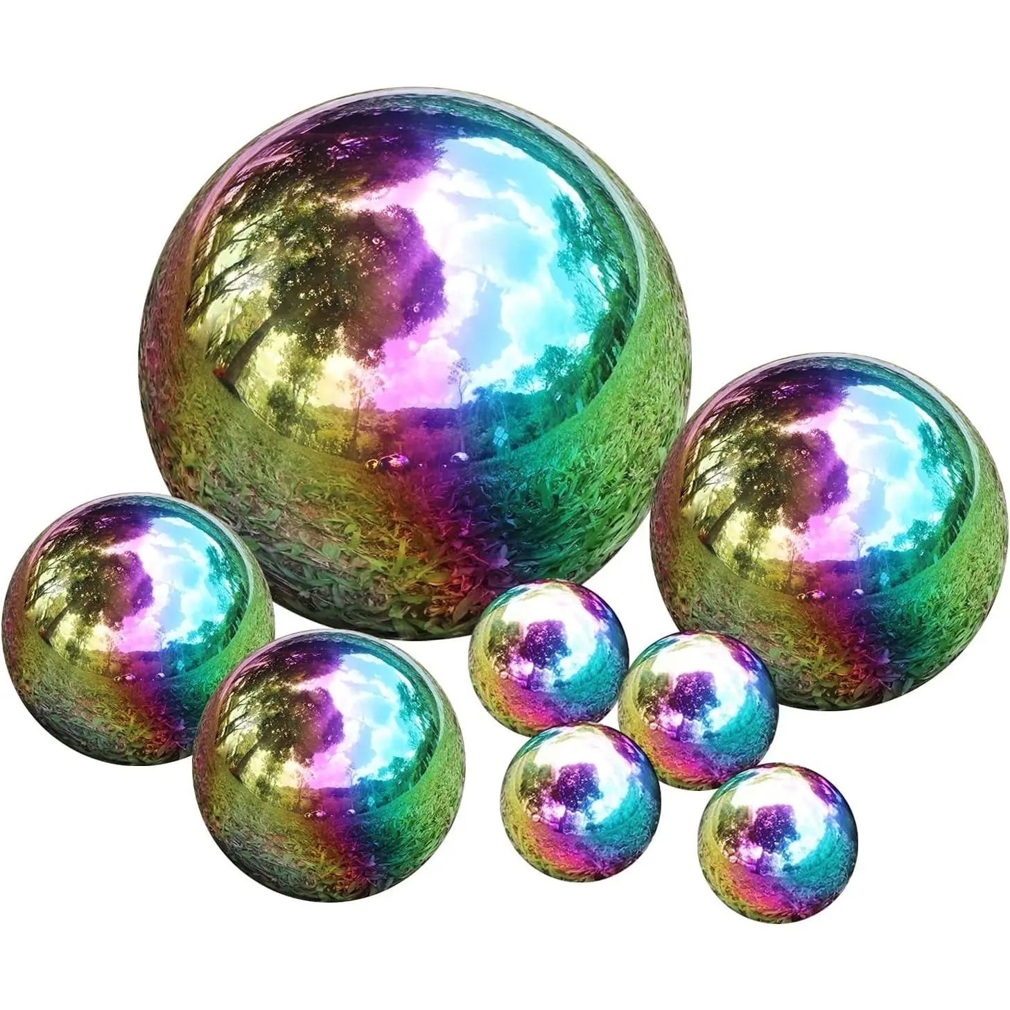 Pack of 8 Stainless Steel Gazing Balls Assorted 50-150mm Small Garden Gazing Globes Hollow Mirror Polished Seamless Reflective Sphere Balls for Home Yard Lawn Outdoor Decorations (Rainbow)