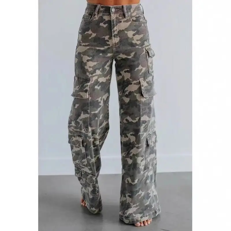 Women's Camo Print High-Waist Multi-Pocket Loose Straight Wide-Leg Full-Length Denim Cargo Streetwear Pants, Bottoms, Jeans, Cargo Pants, Street Wear, Baggy, Oversized, Trouser, Cargo Jeans