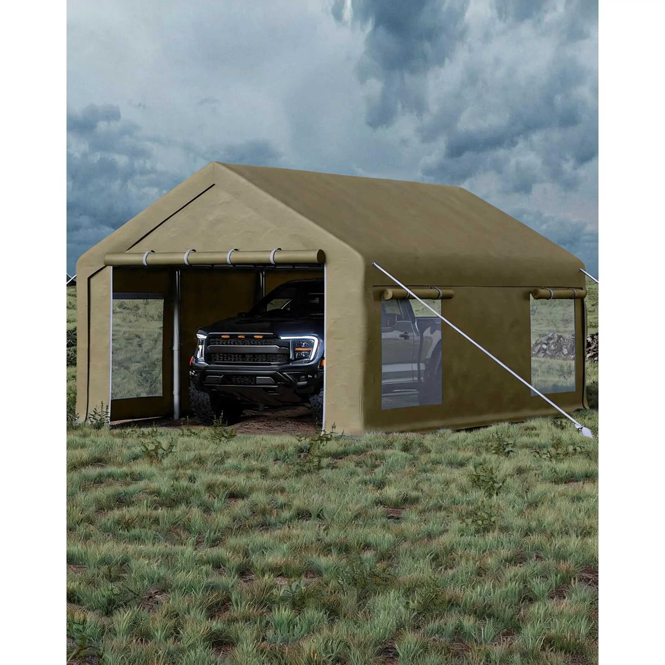 Heavy Duty 12x20 ft Portable Carport Garage – 200g PE Canopy, 2 Roll-Up Doors, 4 Windows – Versatile Outdoor Storage Shelter for Cars, Boats, Pickups, Paint Booth, Event Use
