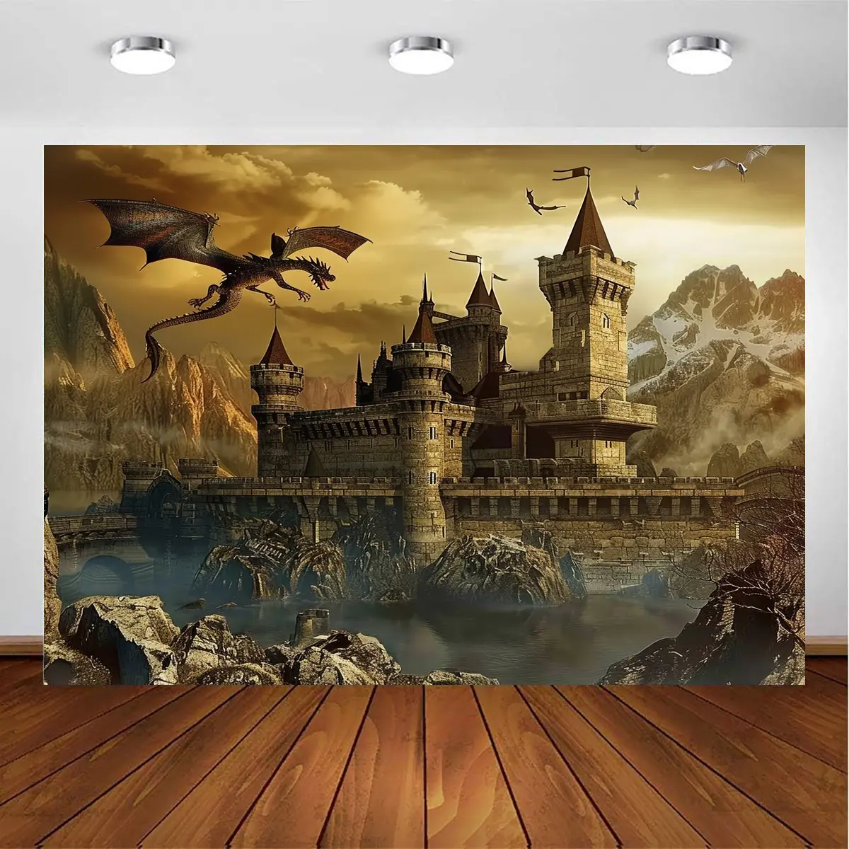 Medieval Castle & Giant Dragon Tapestry - Fantasy Backdrop for Birthday, Halloween Parties | Polyester Wall Decor