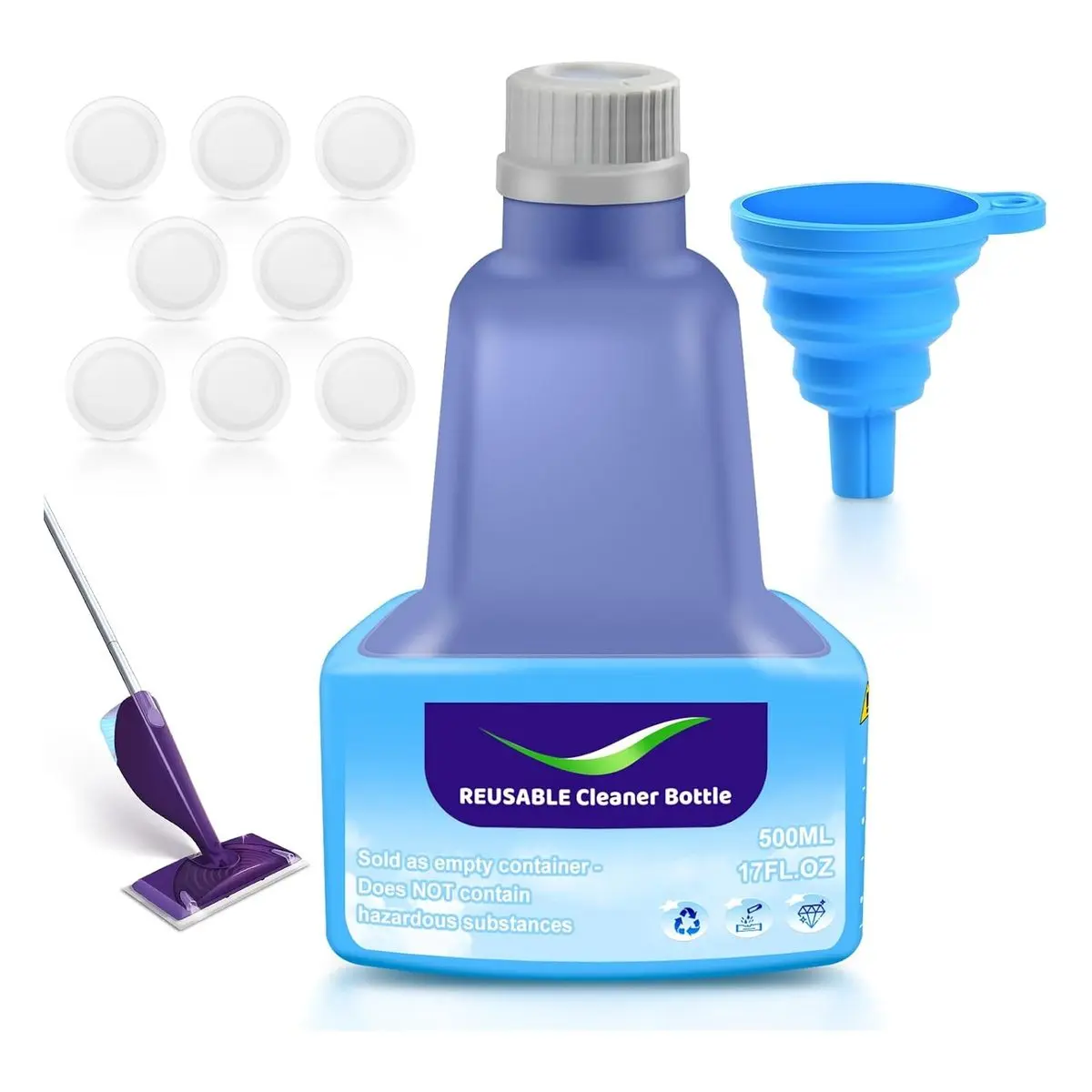 Mother Wet Jet Mop Empty Refillable Replacement Bottle, 500 ML/17 Oz Leak-Proof HDPE Bottle with 8 Silicone Gaskets and 1 Foldable Funnel
