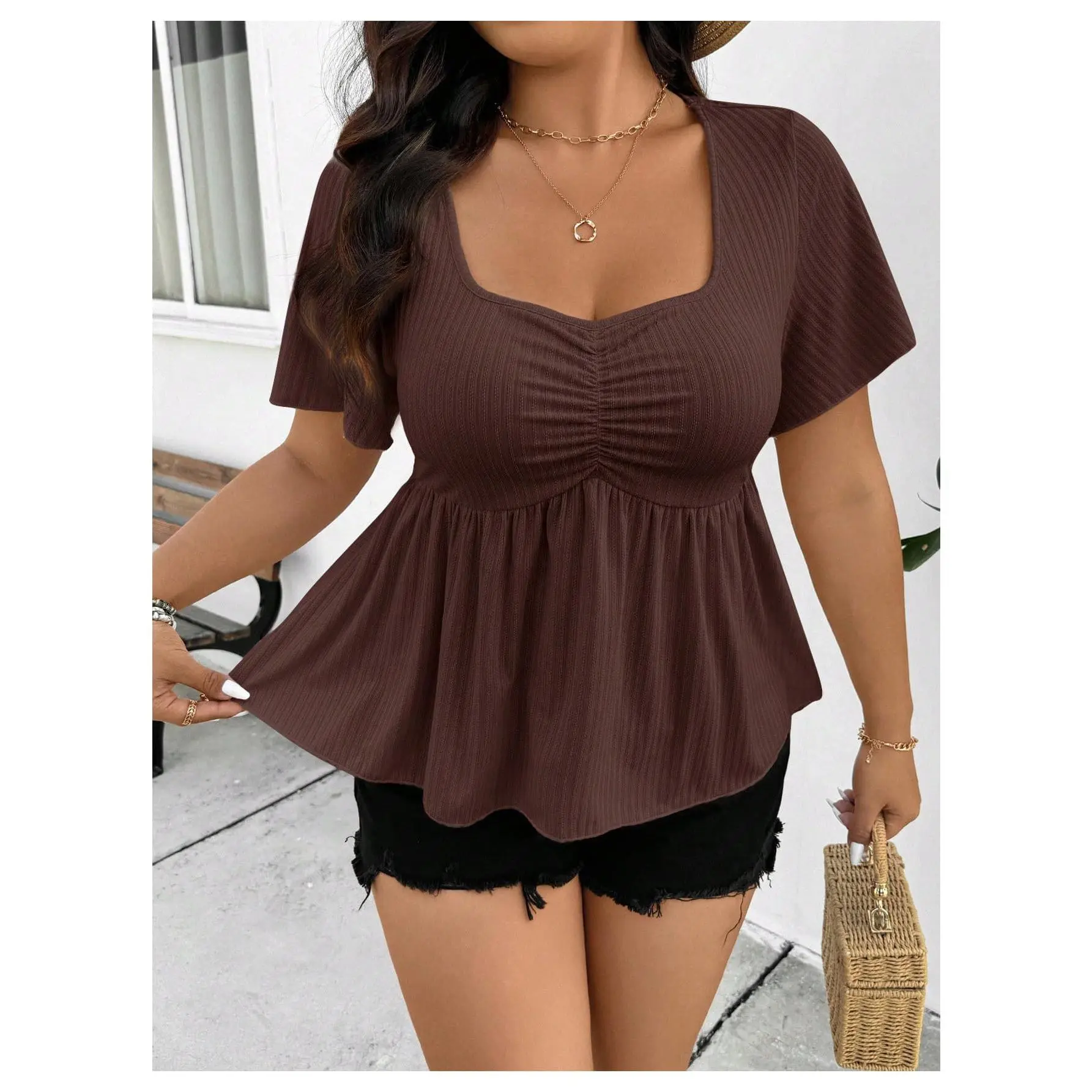 Plus Size Peplum Tops Ruffle Short Sleeve Ruched Babydoll Tops Going Out T Shirts
