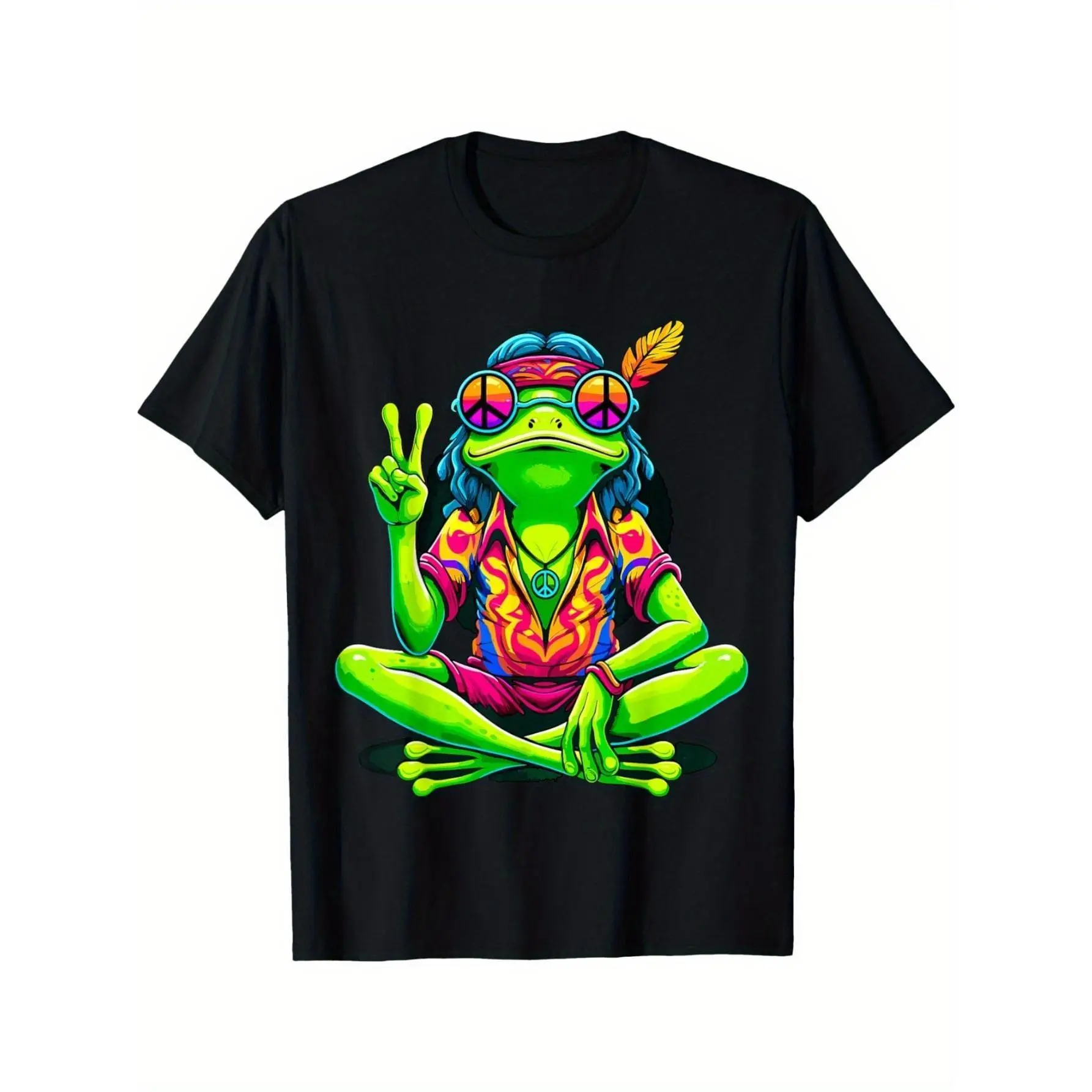 Men's Printed Hippie Frog Graphic T-Shirt, Streetwear Style Classic Fit with Shortsleeve and Round Neck, 100% Cotton Fabric, Top, Tshirt