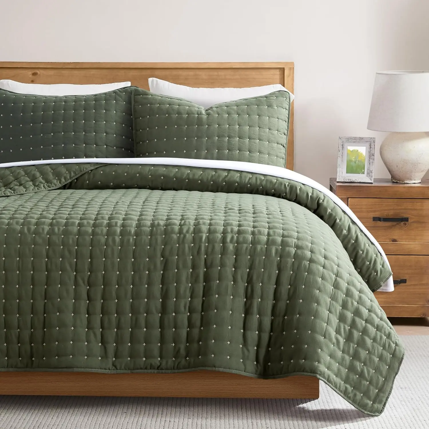 King Size Bedding Sets with 2 Pillow Shams, Lightweight Soft Bedspread Coverlet, Quilted Blanket Thin Comforter Bed Cover for All Season, 3 Pieces, 104x90 inches, Moss Green