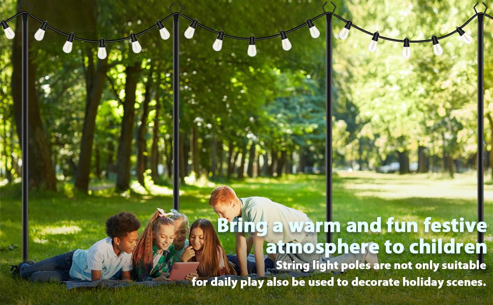 8Ft String Light Poles 4 Pack,Light Poles for Outside Lights,Outdoor with Fence Brackets Hanging Lights,Metal Stand Deck Patio Backyard