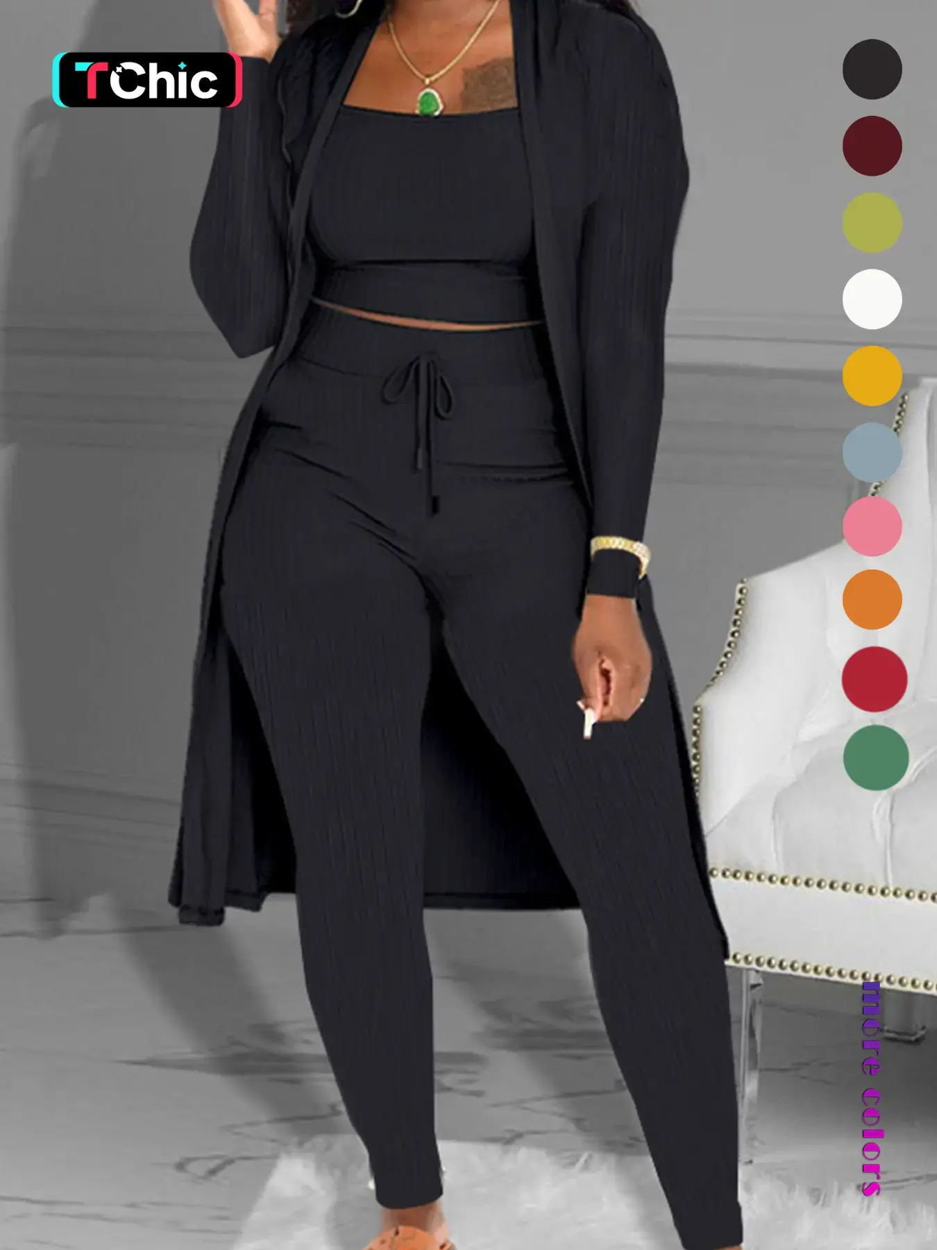 Women's Plain Knitting Long Sleeve Open Front Cardigan & Tie Front Leggings & Sleeveless Cropped Top Co-ord Set, Fashion Pants Set, Casual Cozy Fitted Chic Elegant Women's Lady Outfits Clothes for Fall Womenswear