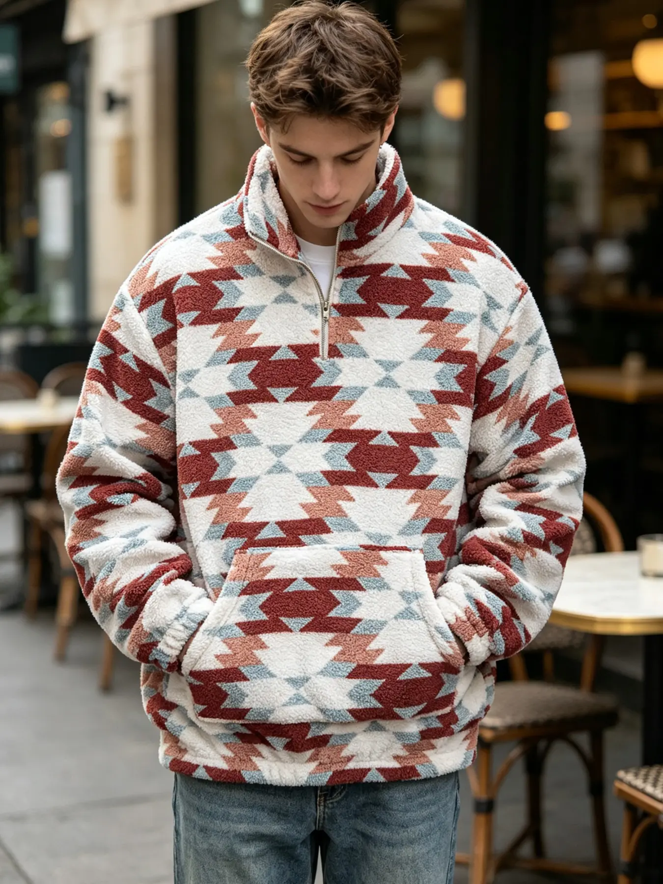 Men's Western Aztec Geometric Print Sherpa Fleece Sweatshirt, Soft Plush Half Zip Stand Collar Pullover, Warm Fall Winter Jacket