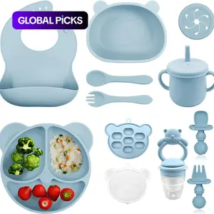 Bear Design Silicone Baby Feeding Set, 11-Piece Baby Dinnerware Set with Bowl, Spoon, Fork, Bib, Straw Cup, Snack Cup and Ice Cube Box, Cutlery Utensil Sets
