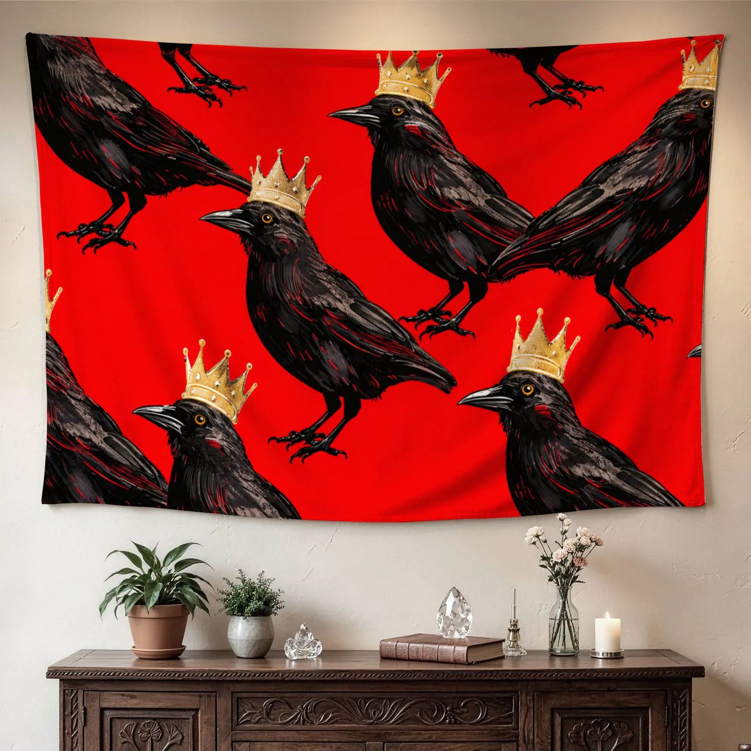 Vintage Royal Crow Crown Polyester Tapestry with Red Background - Large Horizontal Printed Hangable Artwork, Sustainable Synthetic Fabric, No Installation, Durable, Comfortable, High Color Fastness, Cold Wash, Living Room Home Decor, Family Holiday Gift,,