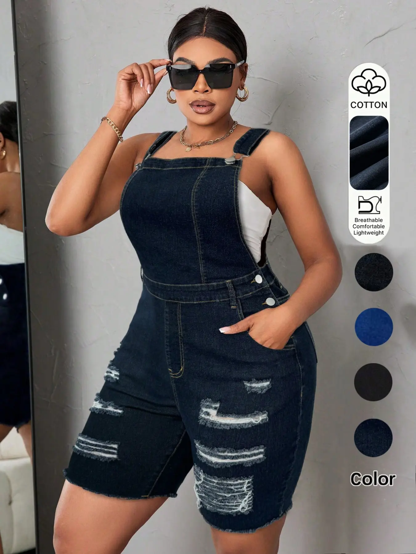 Women's Denim Ripped Strap Pants, High Elasticity Slim Fit Overall, Adjustable Straps with Pockets, Summer Street Style Fashion Jumpsuit