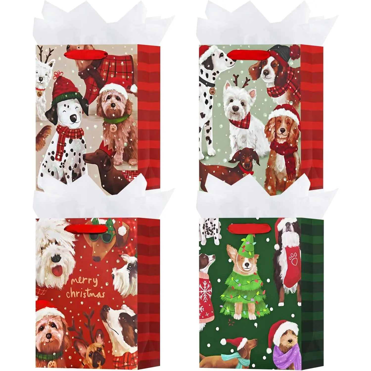 4-Pack 9" Cute Paper Christmas Wrapping Bags with Handles, Tissue Paper Included for Holiday Gift Packaging (Office Stationery & Gift Wrapping Supplies)
