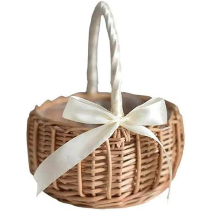 Wicker Rattan Flower Basket,Wedding Flower Girl Basket Hand Woven Flower Basket Decoration,Candy Storage Basket Home Decoration(S,white)