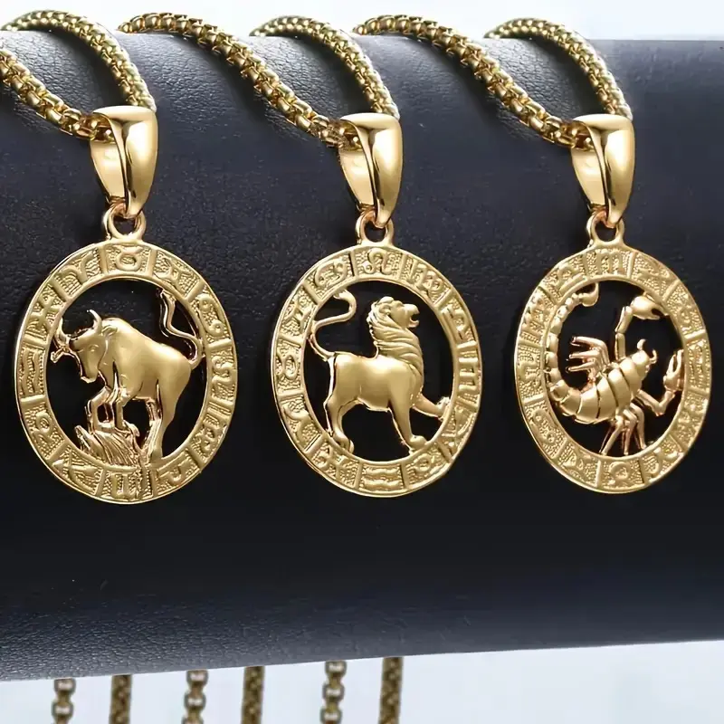 Female 14K Gold Plated 12 Signs Coin Shape Single Pendant - Round Disc Jewelry with Sparkling Heart Artificial Gemstone, Includes Cancer, Gemini, Aries, Sagittarius, Virgo Designs, European-American Style