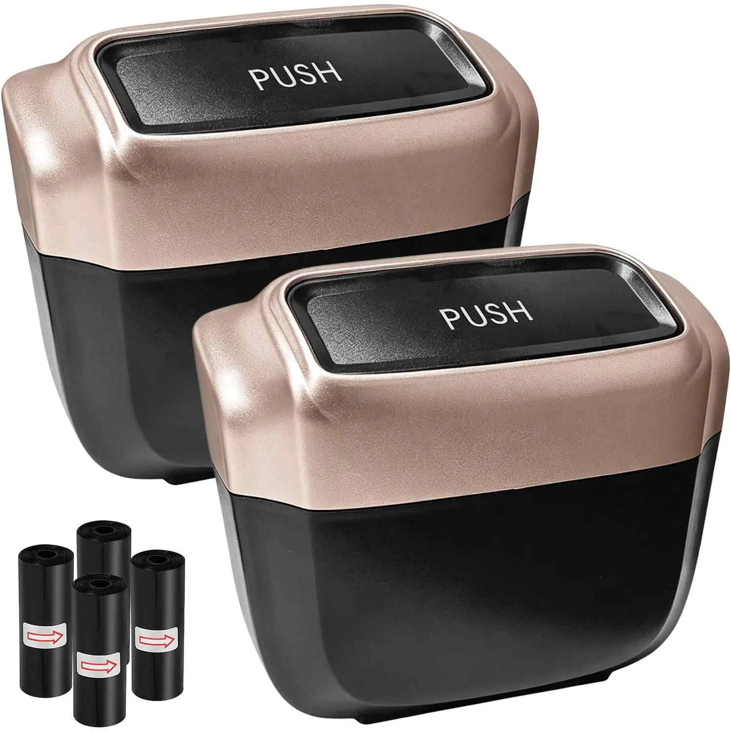 2PCS Golden Compact Clip-On Plastic Car Trash Can with Lid - Leakproof, Waterproof Auto Dustbin, Portable Hanging Organizer for Most Cars, Includes 60 Bags, Includes Bags
