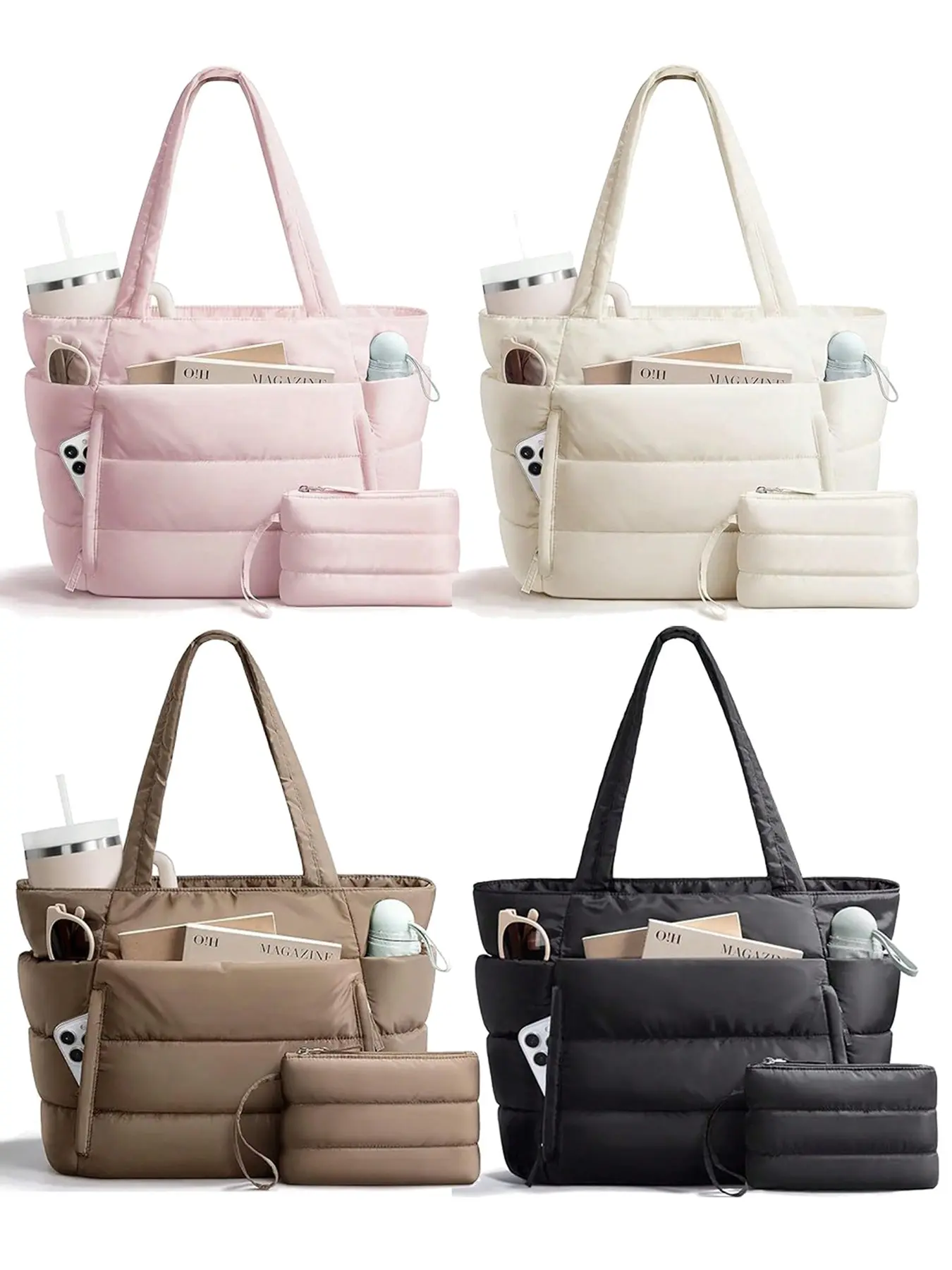 Women's Solid Color Quilted Totebag, Lightweight Puffer Design Shoulder Bag, Casual Fashion Bag, Casual Trendy Versatile Daily Commuting Bag for Travel & Work & Beach, Quilted Tote Bags