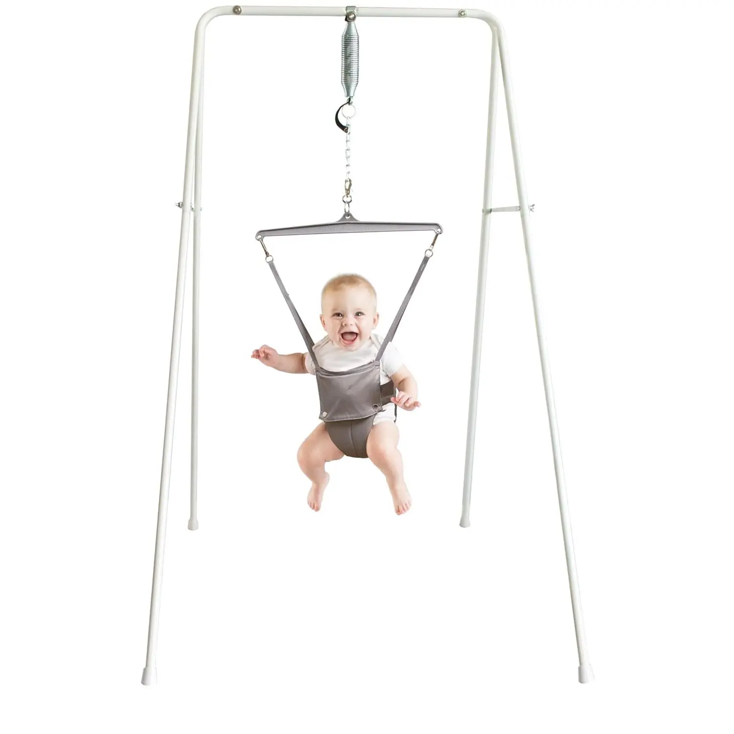 (Grey) with Stand - Original Baby Jumper, Indoor and Outdoor Exercise Saddle Seat, Adjustable Height, for Infants up to 28lbs