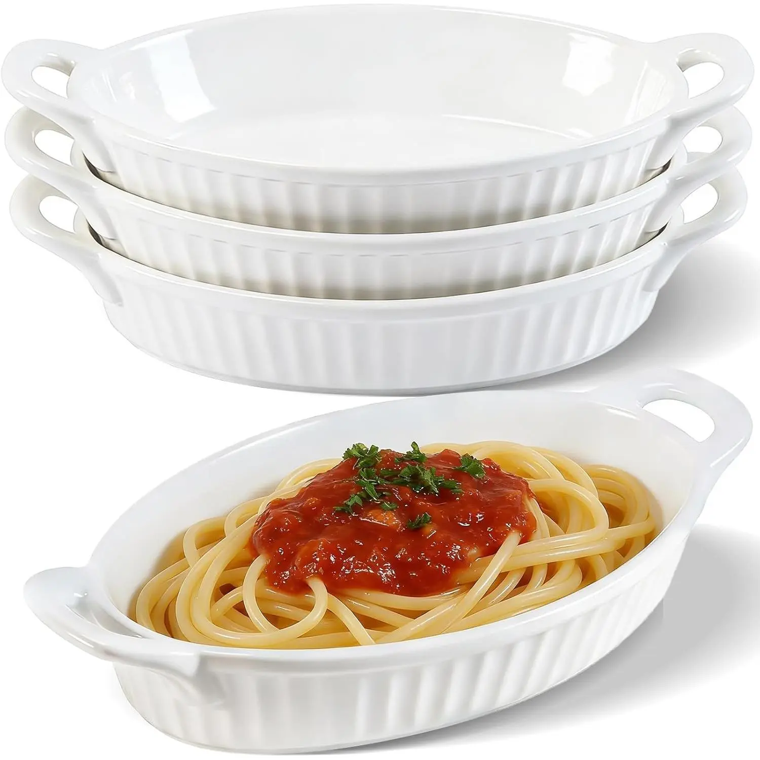 Baking Dishes, 4 PCS, White, 16 Oz, Oval | Oval Porcelain Baking Dishes with Handles, Ceramic Oven Safe, for Kitchen and Home, 7.5 x 9.25 Inch