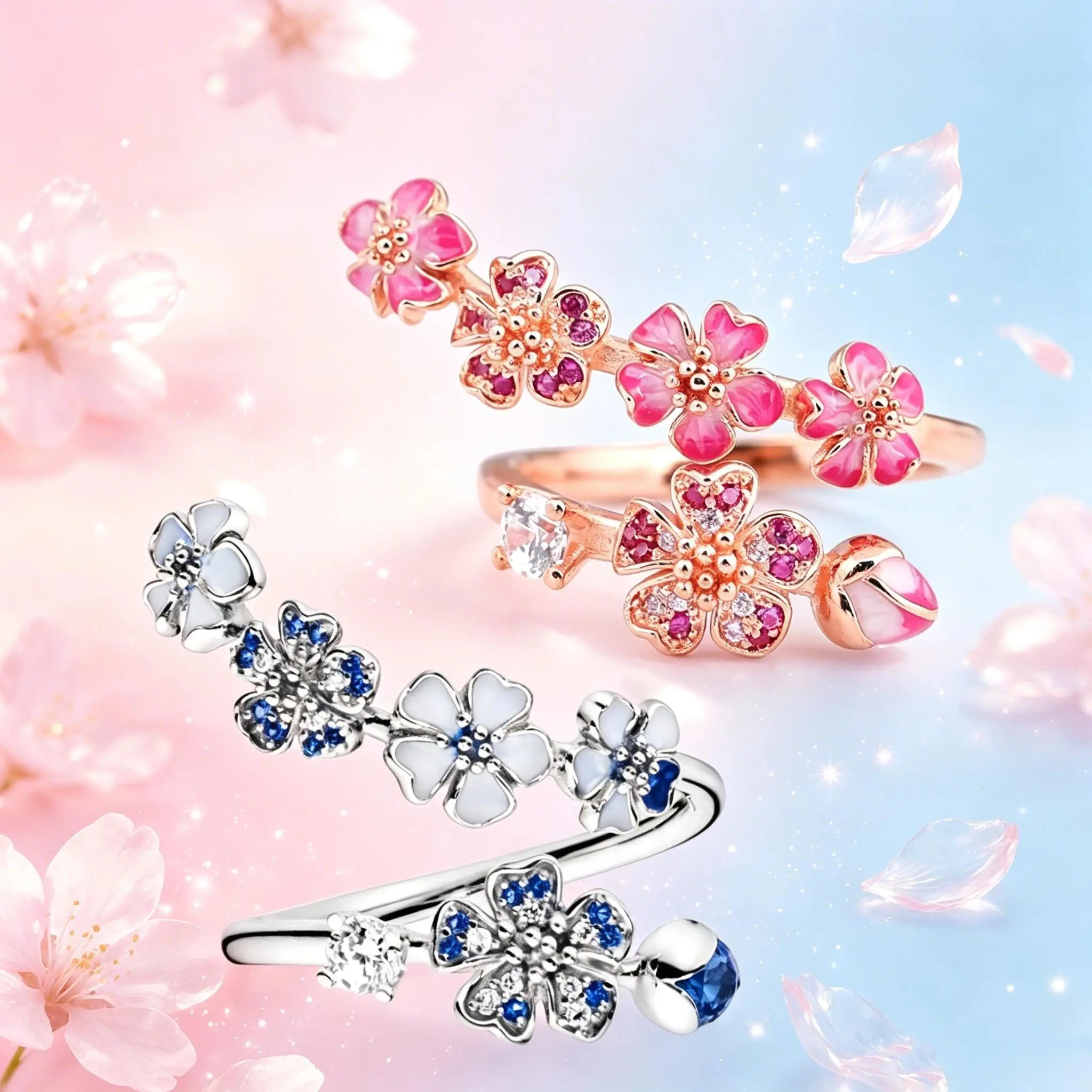 Trendy Peach Blossom Ring in S925 Silver, Women's Fine Jewelry with Rose Enamel Flowers and Crystal Sparkle, Cute Look, Simple Fine, Casual Wear, Crafted, Fashionable & Trendy Style, Fashion-Forward Individuals, Female, Geometric Shape, Inlay, Metal