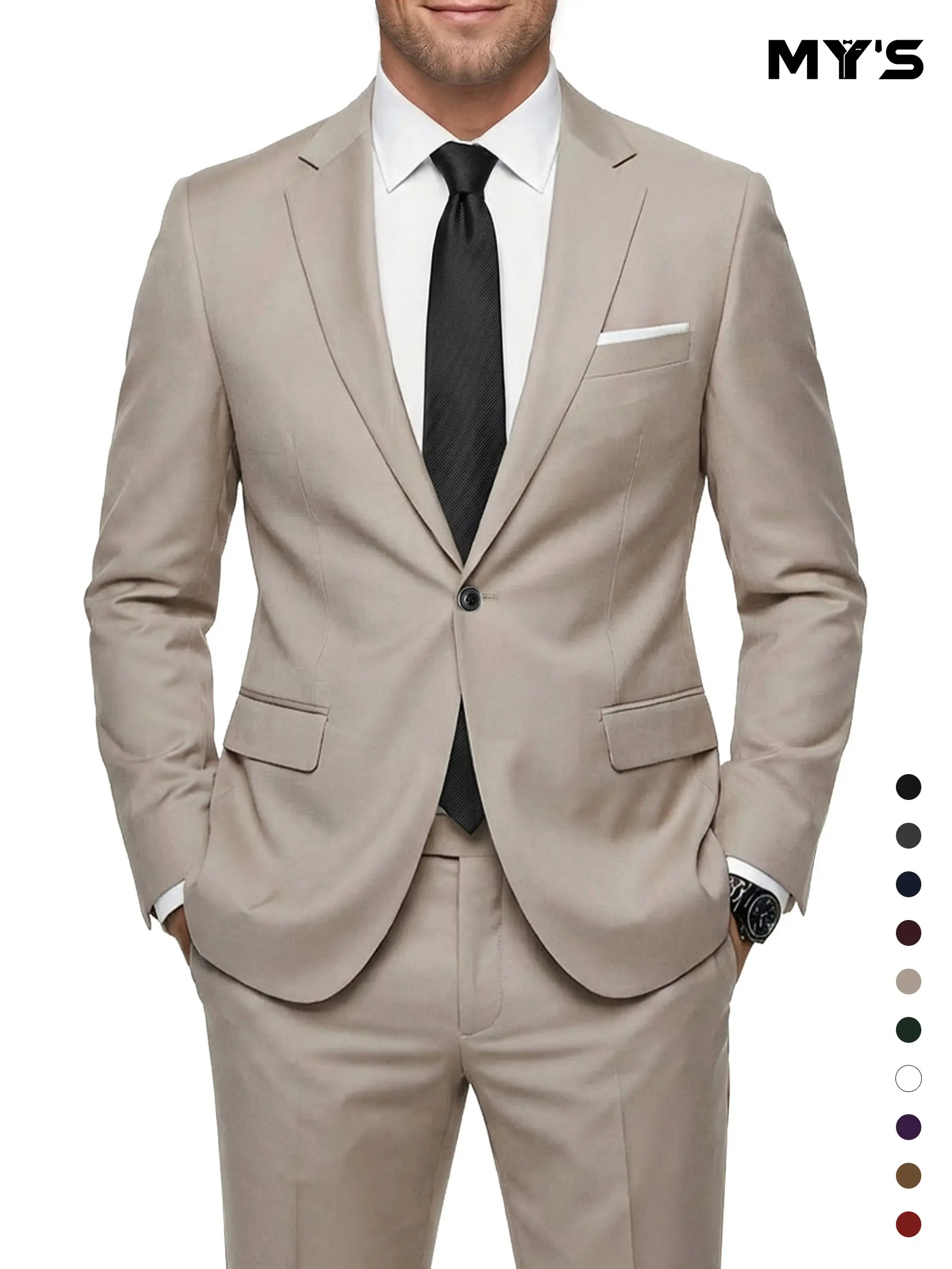 MY'S Men's 2 Piece Suit , 1-Button Jacket & Pants Set, Random Tie Included, Wedding & Business Dinner, Men’s Blazer, Black Formal Menswear, Prom & Office Wear Beige summervibes