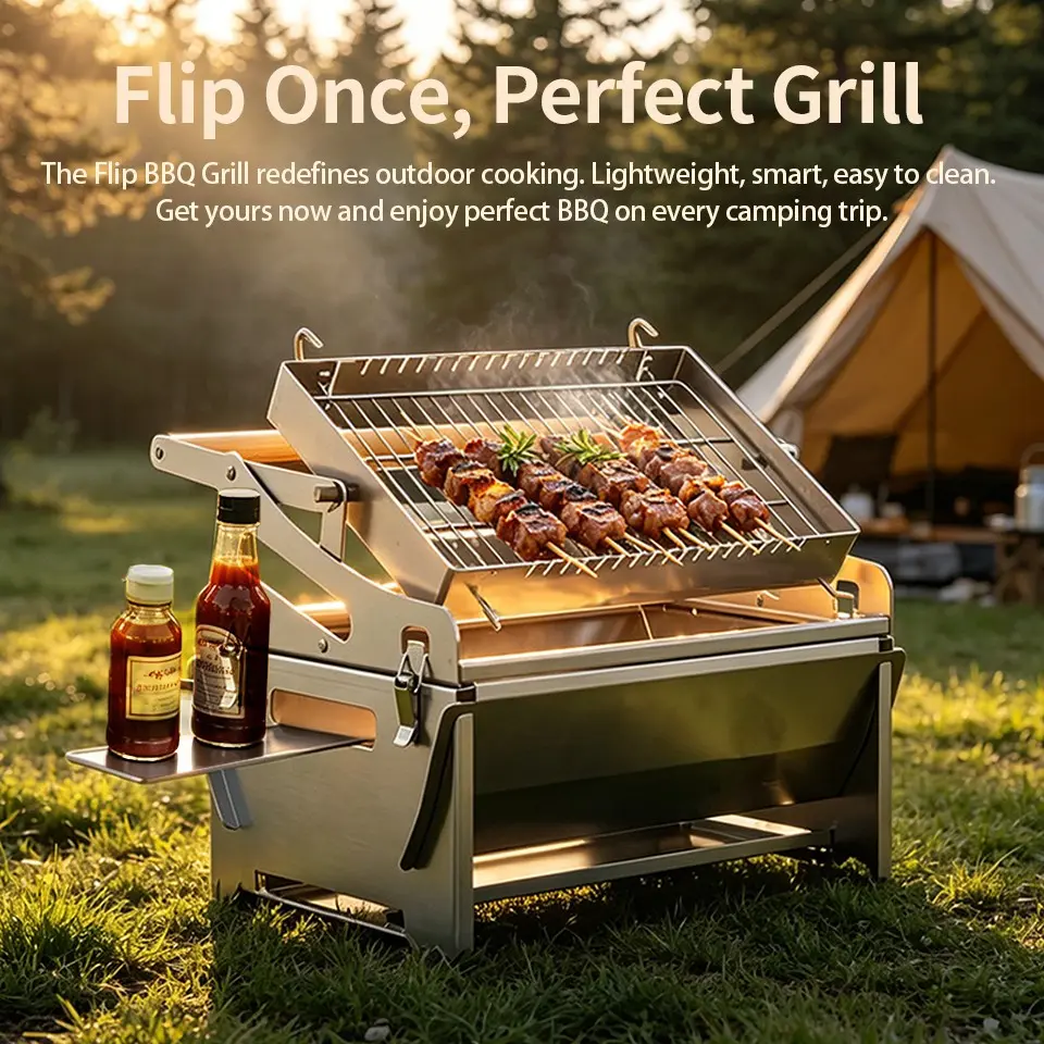 360° Rotating Outdoor Grill, Stainless Steel BBQ Rack with Shelf, Outdoor Cooking Barbecue, Portable and Easy to Clean, Ideal for Camping and Backyard Parties, Portable Bbqs