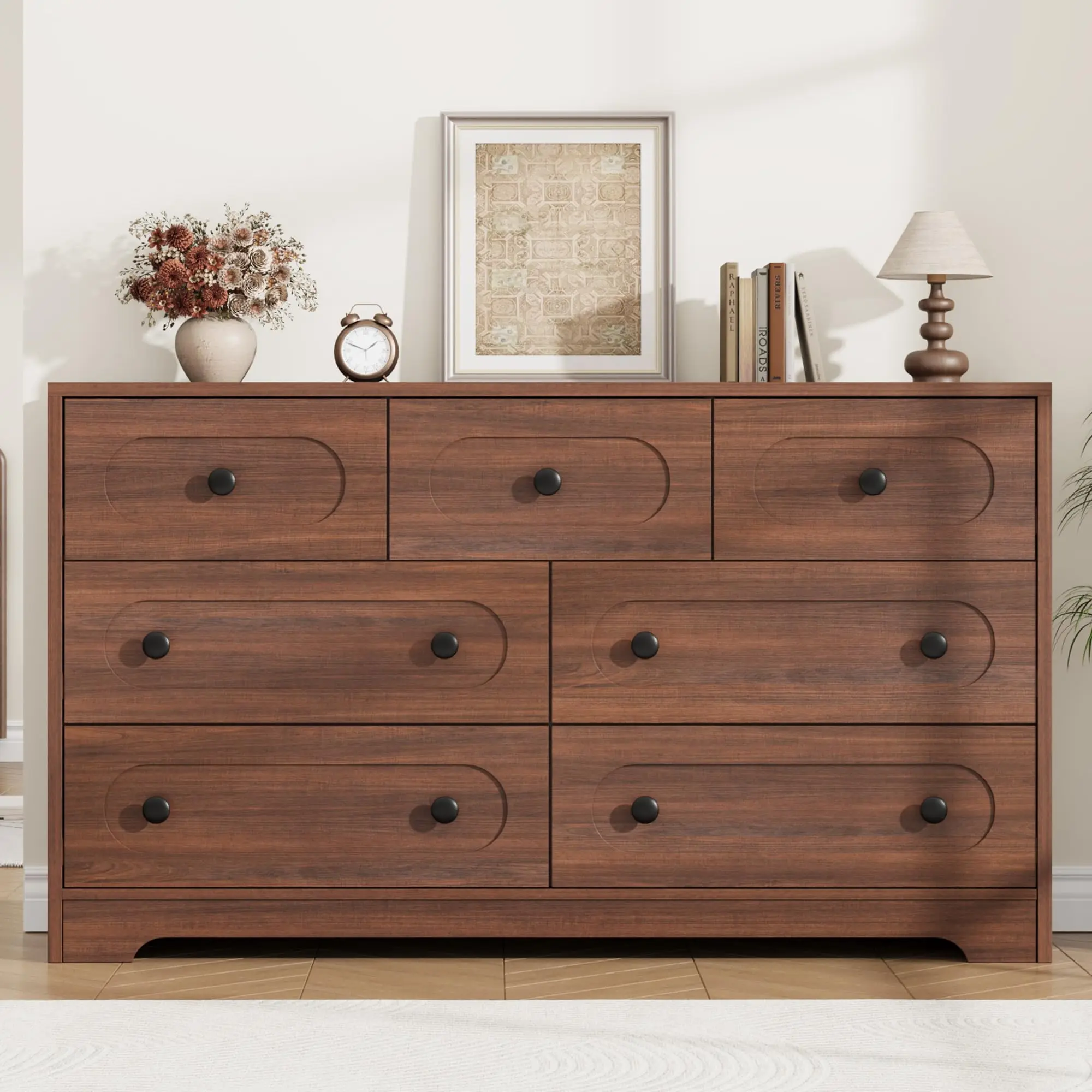 Mid Century Modern Dresser - 55" Wide Large Wooden Chest with 7 & 8 Deep Drawers, Metal Knobs, Ideal Clothes Storage, Boho & Vintage Style