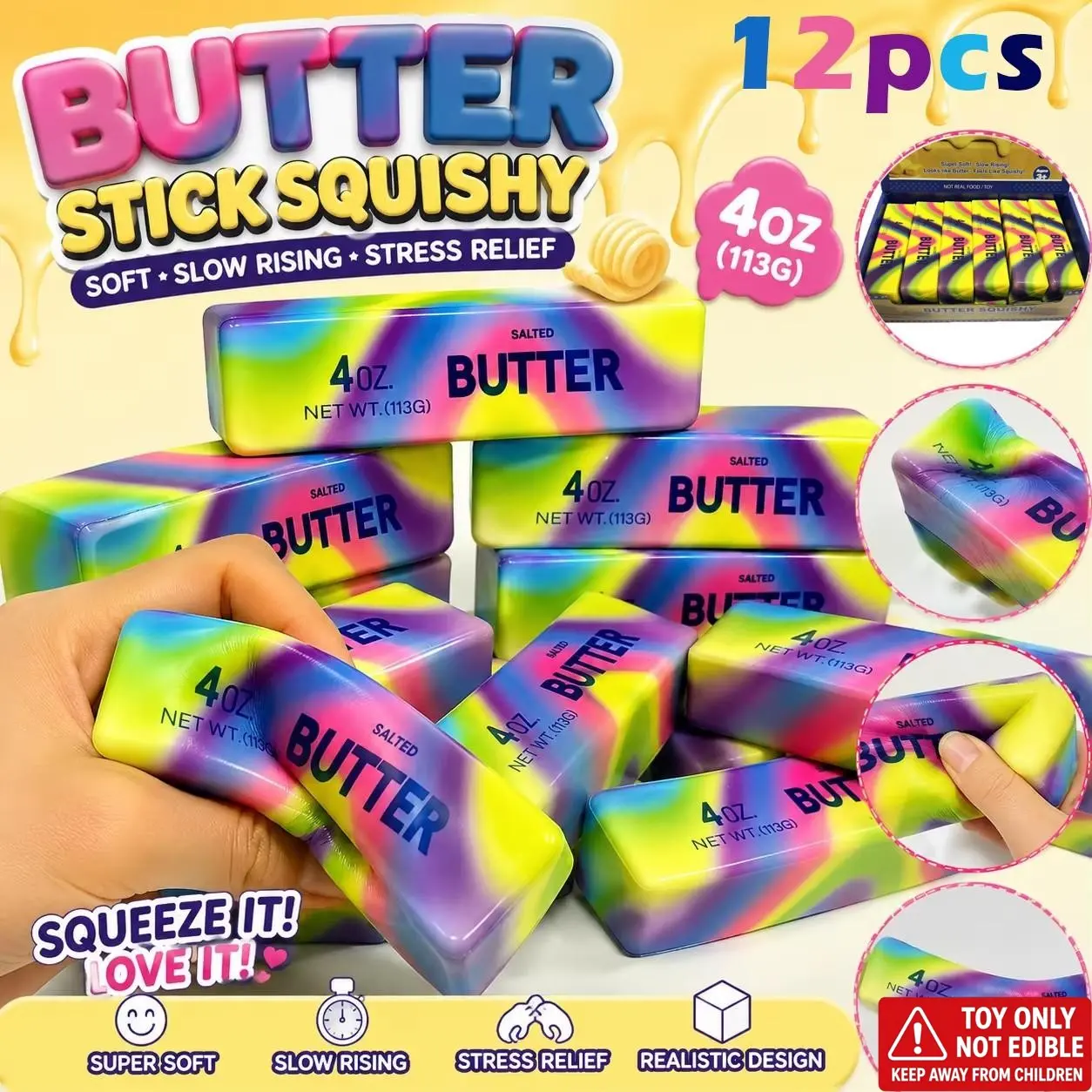 12PCS Squishy Packs Realistic Butter & Cheese Stick Satisfying Squishy Toy, Slow Rising ASMR Tactile Fidget Squeeze Toy, Stress Relief Anxiety Desk Toy for Adults, Dazzling Color Fidget Gift for Home & Office, Anxiety Squishies
