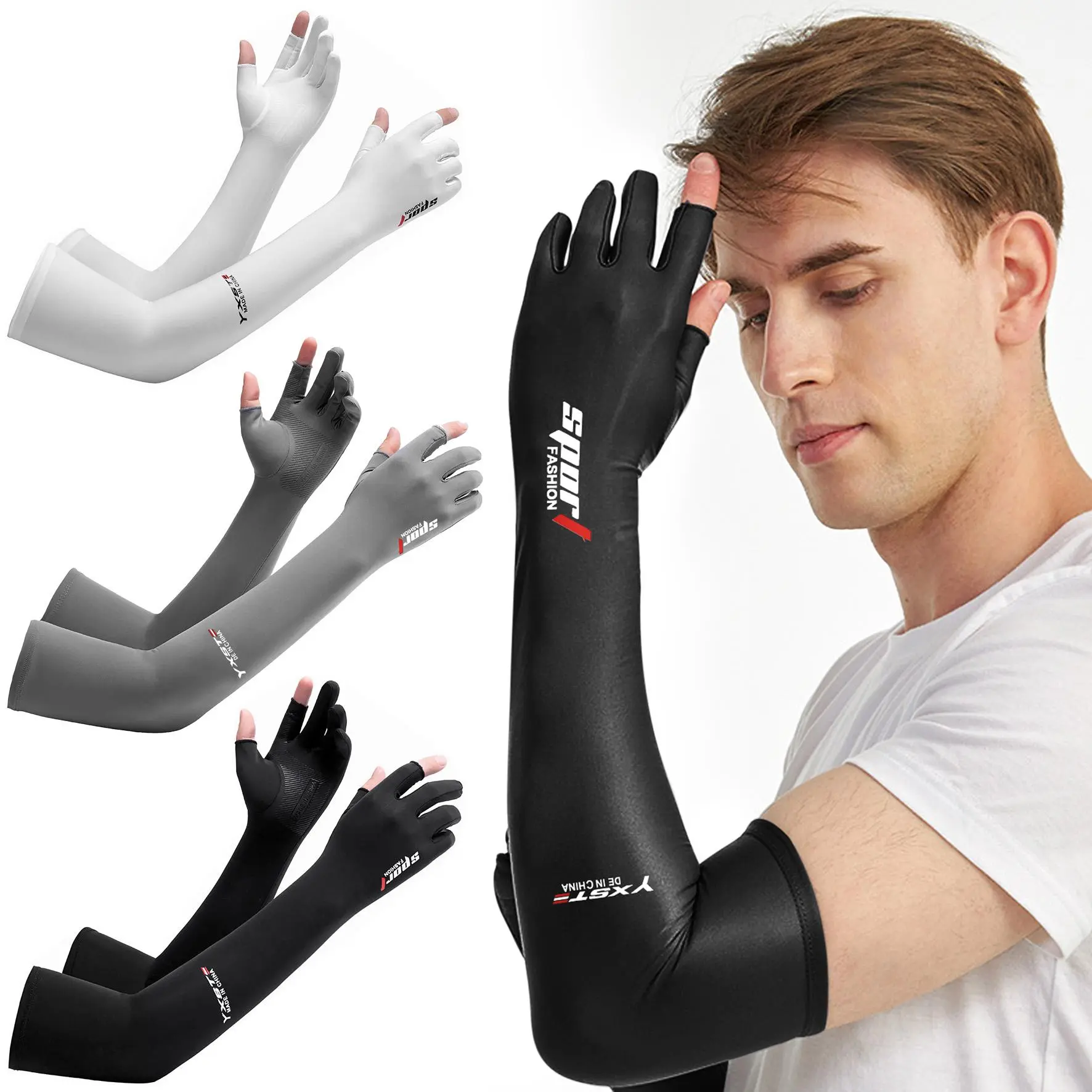Ice Silk Active Sunwear Half-Finger Cut Arm Sleeves with Gloves, Nylon Spandex Cooling Non-Slip Heat and Sun Protection Protective Gear for Running/Cycling, Driving