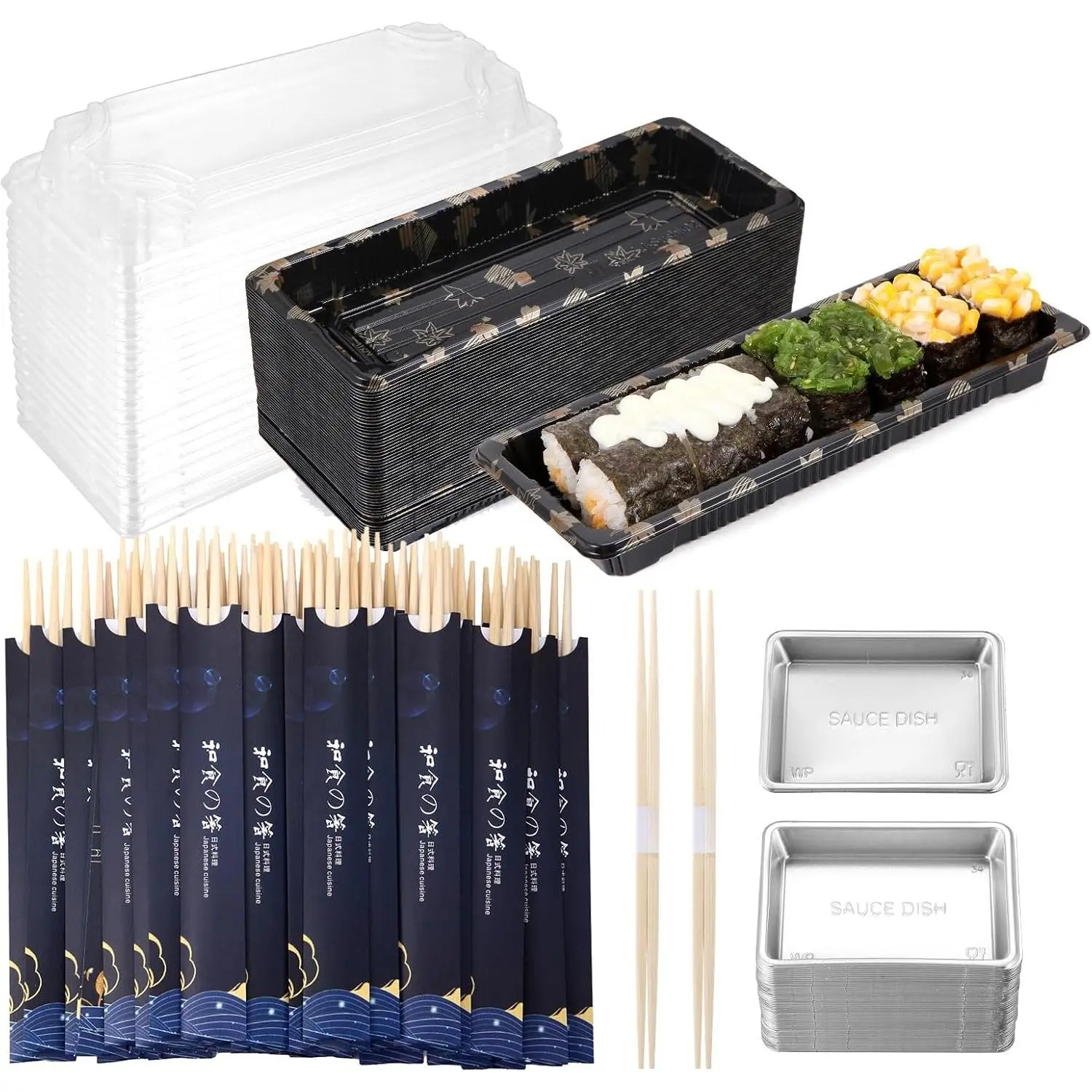 Disposable Dinnerware Set for 50 count Sushi Trays Containers with  8.6 x 3.6 Inch Disposable Sushi Take Out Boxes, 50 Pairs   Chopsticks, 100 count Soy Sauce Dishes