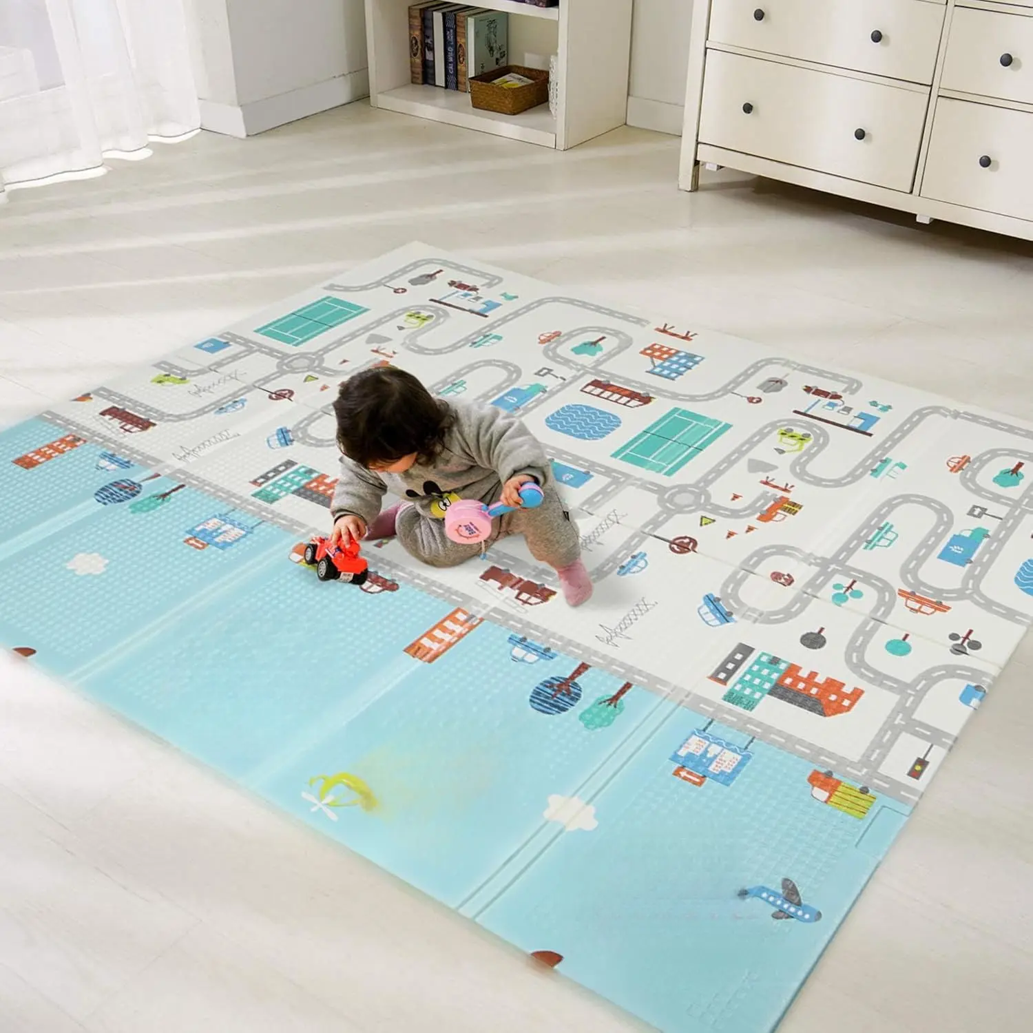 Extra Large 78" x 70" x 0.4" XPE Foam Baby Play Mat with Travel Bag |     Anti-Slip, Waterproof, Foldable & Reversible Padded Playmat |     Baby Crawling & Kids Play Mat – Giftable Design, Cars & Fire Engine