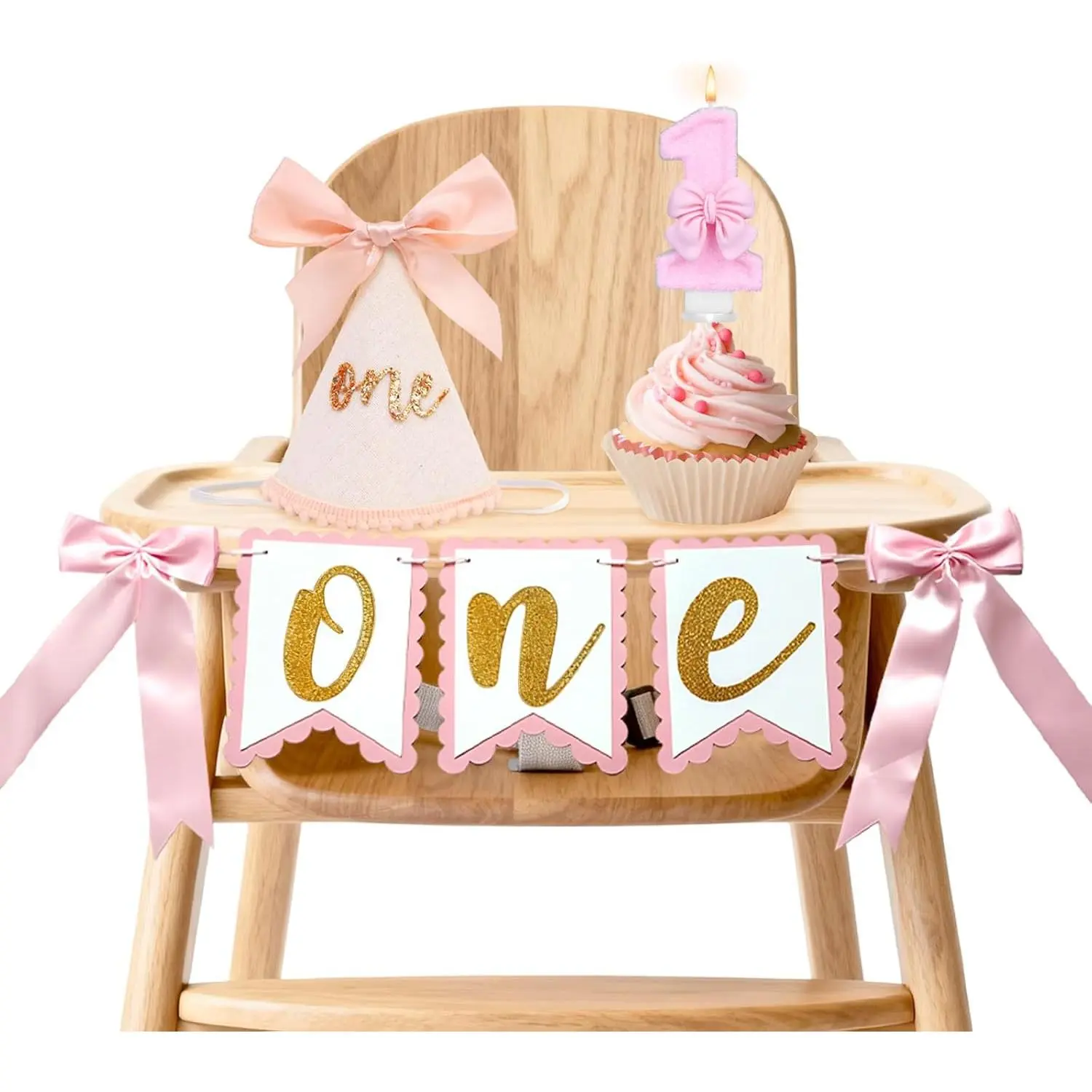 First Birthday Decorations for Girl -  Bow Complete Party Set with High Chair Banner, 1st Birthday Candle, Party Hat (Glitter )