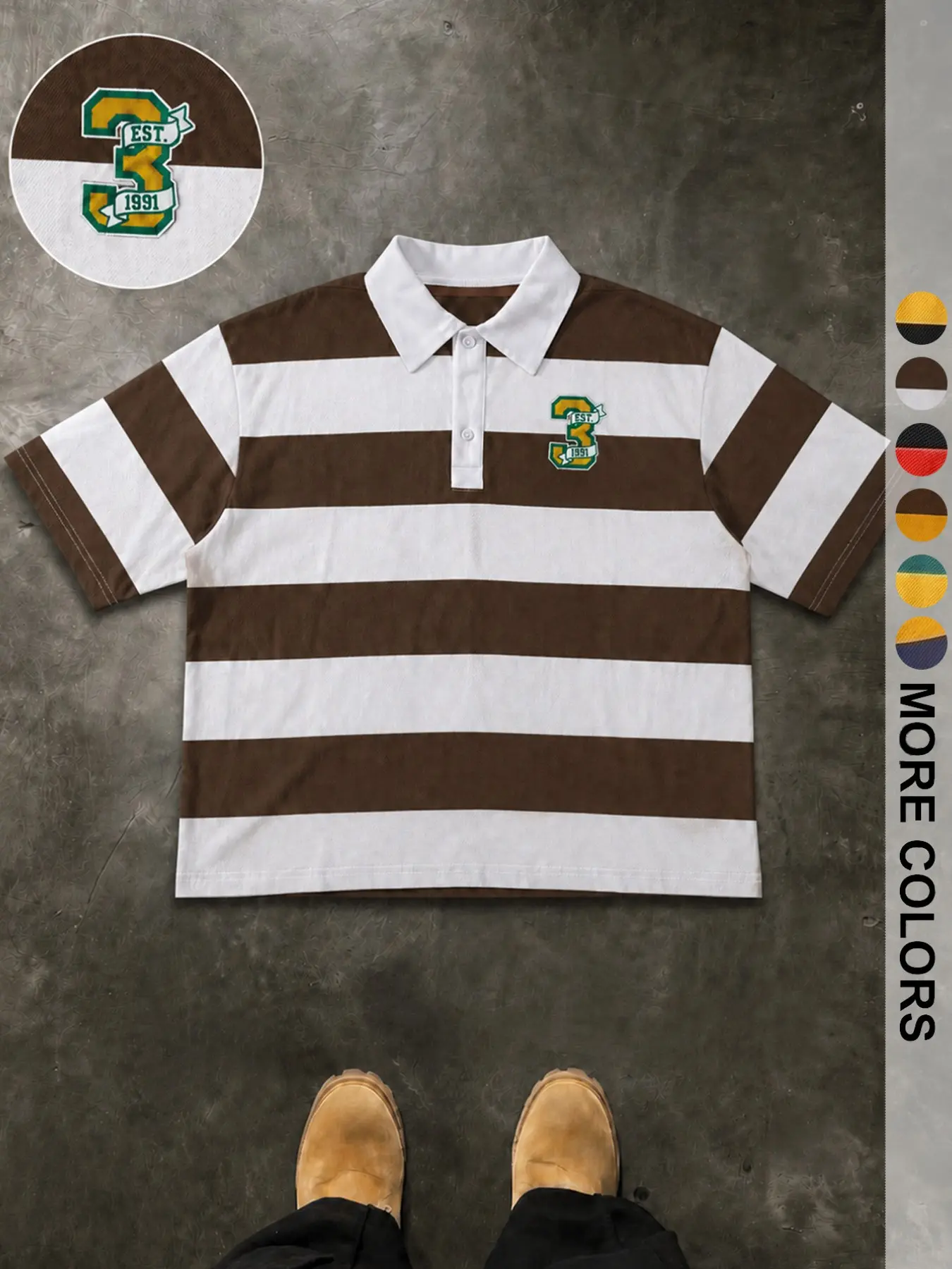 American Vintage College Style Polo Shirt, Printed Polo Tops, Colorblock Stripes Striped Shield Logo Print, Casual Short Sleeve T-Shirt, Comfortable and Stylish
