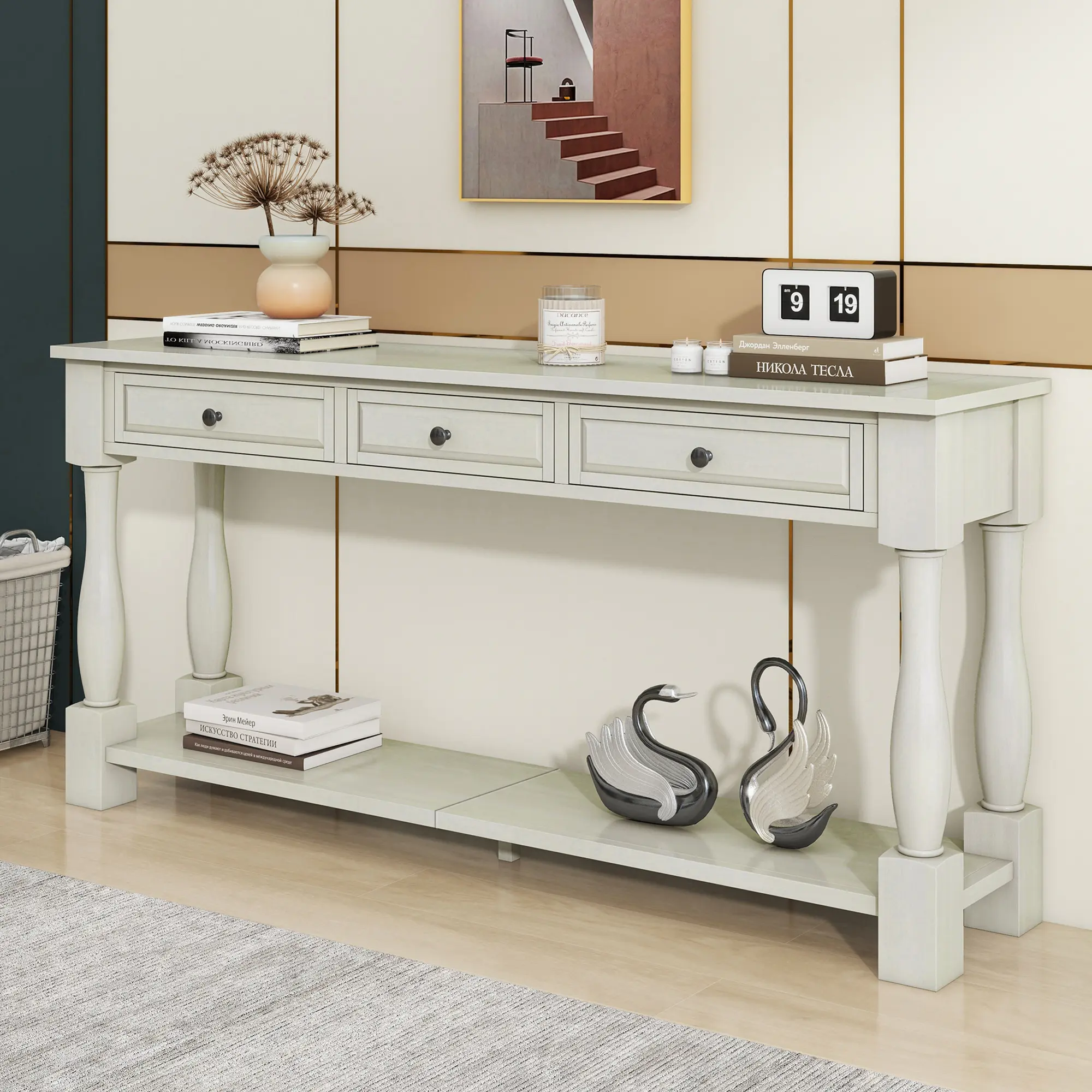ARCH TREXM 63" Long Console Table with Drawers and Shelf for Entryway Hallway Living Room Antique White Sofa Table Narrow Entry Table Storage Table Hall Table Accent Table, Living Room Table for Sofa Side, Bedroom, Office, Apartment and Home Decor