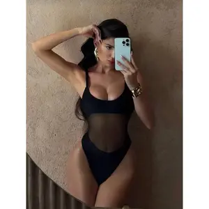 New One-Piece Swimsuit, Sheer Mesh Contrast Design, Push-Up Floral Bikini, Sexy Fitted Swimwear for Beach Vacation, Beachwear Women Outfit Bathing Suit Retro Push Up Stylish Active Striped Fashionable String Modern