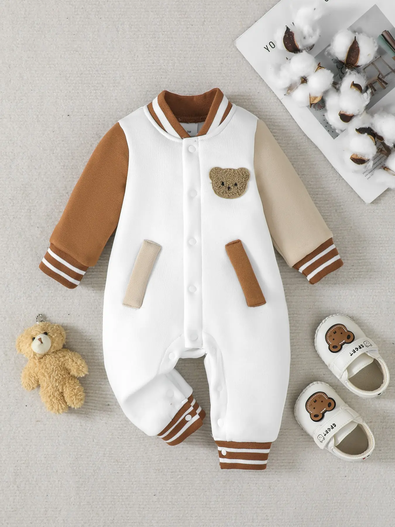 Boys' Long Sleeve Long Pants Onesie, Multi-Color Patchwork, Bear Pattern, Perfect for Fall Winter Casual, Baby Boys Clothing, Toddler Jumpsuit