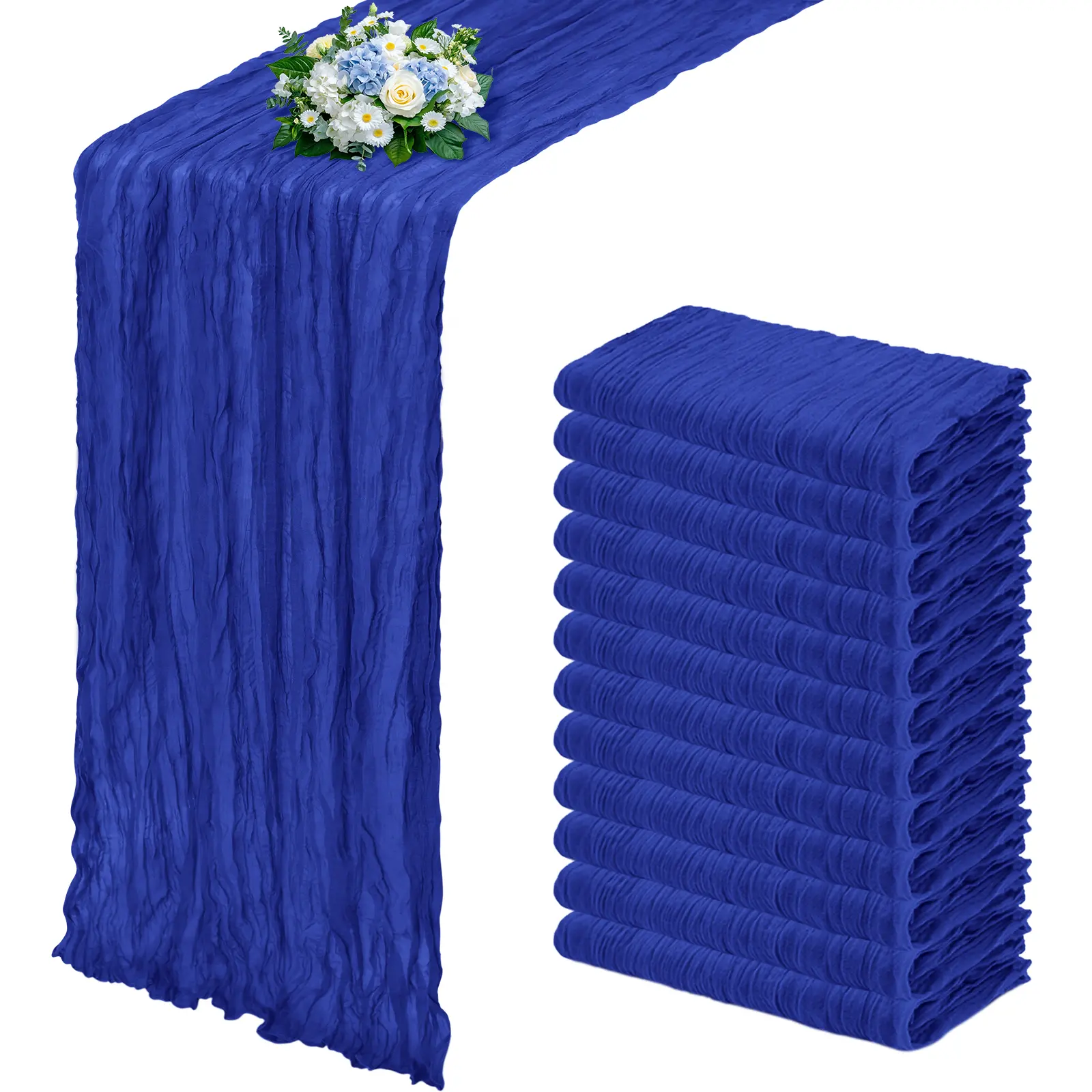 Royal Blue & Light Pink Rustic Rectangle Boho Gauze Cheesecloth Table Runner (6-12 Pack, 17x108 in) - Durable, Pleated Edge, Machine Washable for Wedding, Home Decor; Note: Avoid Direct Sunlight